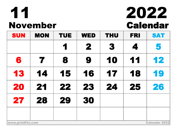 Free Printable November 2022 Calendar A4 Wide