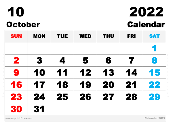 Free Printable October 2022 Calendar A3 Wide