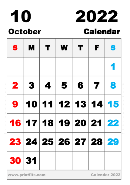 Free Printable October 2022 Calendar A5