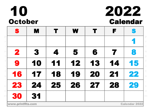 Free Printable October 2022 Calendar A5 Wide