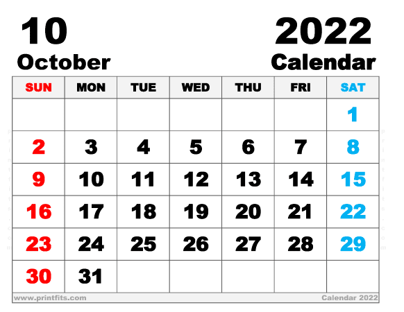 Free Printable October 2022 Calendar Letter Wide