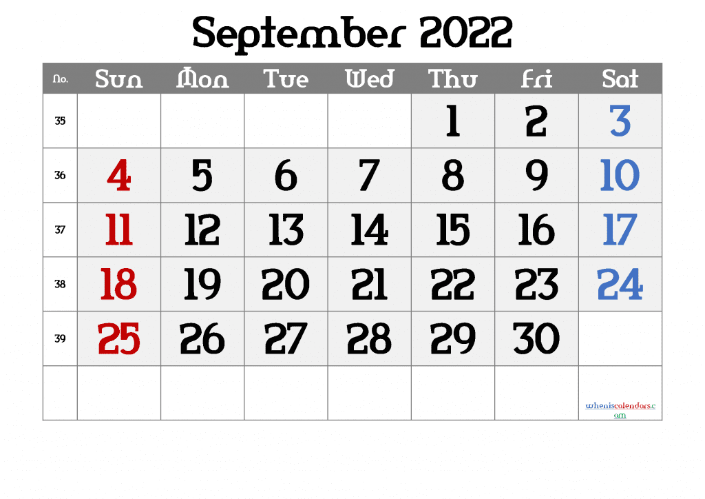 Free Downloadable September 2022 Calendar Printable PDF in Landscape and Portrait