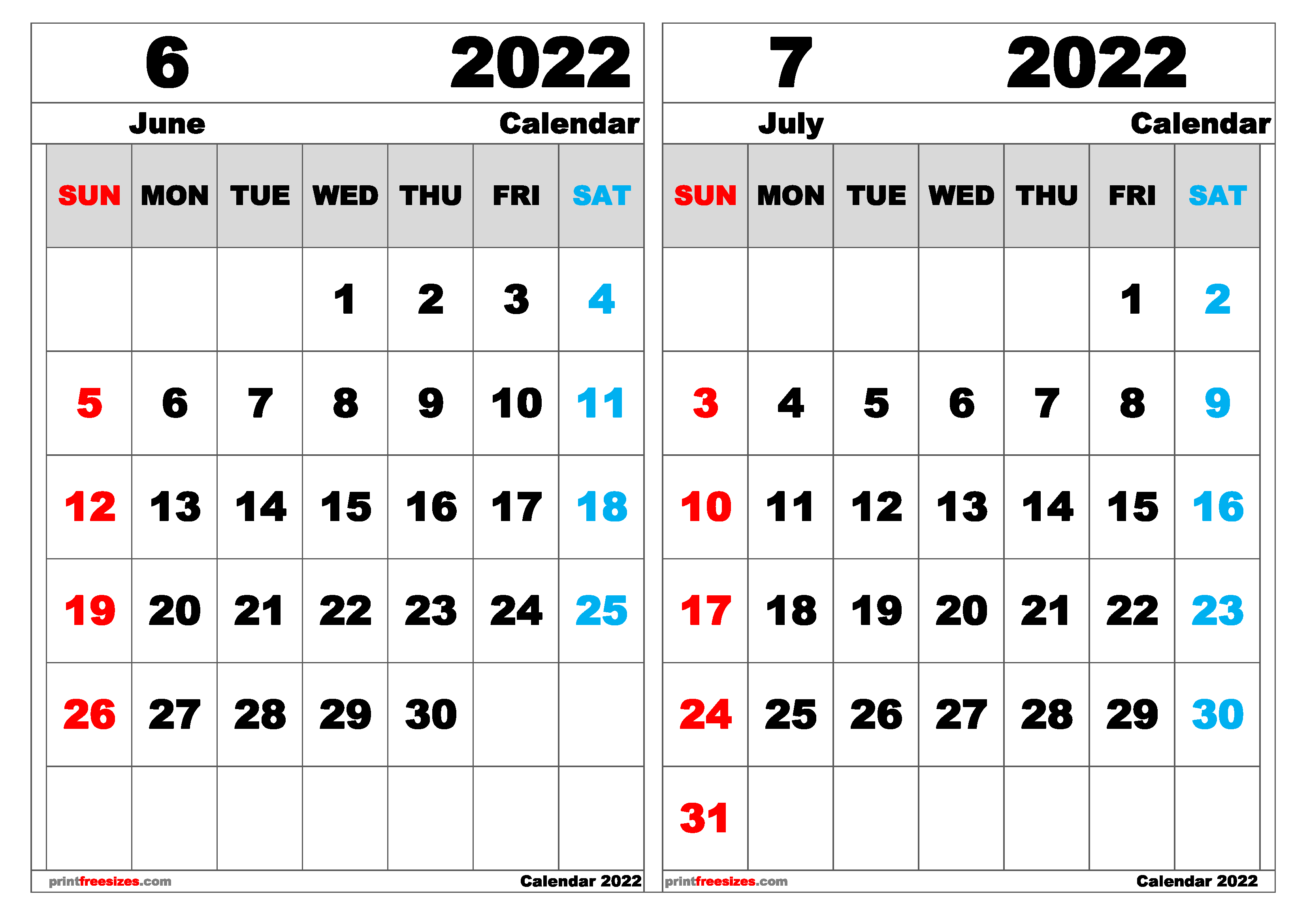 Download Free June July 2022 Calendar Printable Landscape (Size: A3)