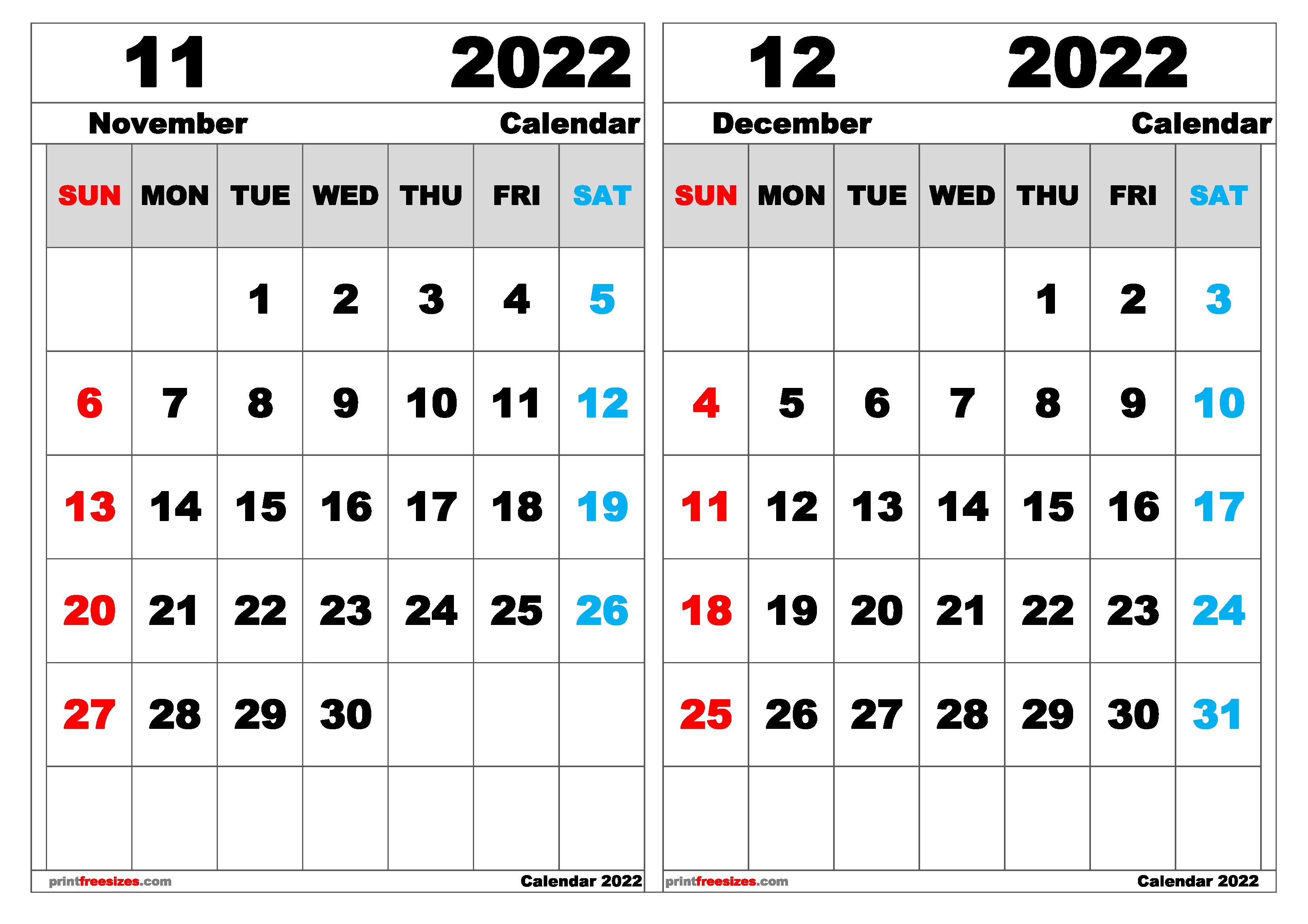 Download Free November December 2022 Calendar Printable Landscape (Size: A3)