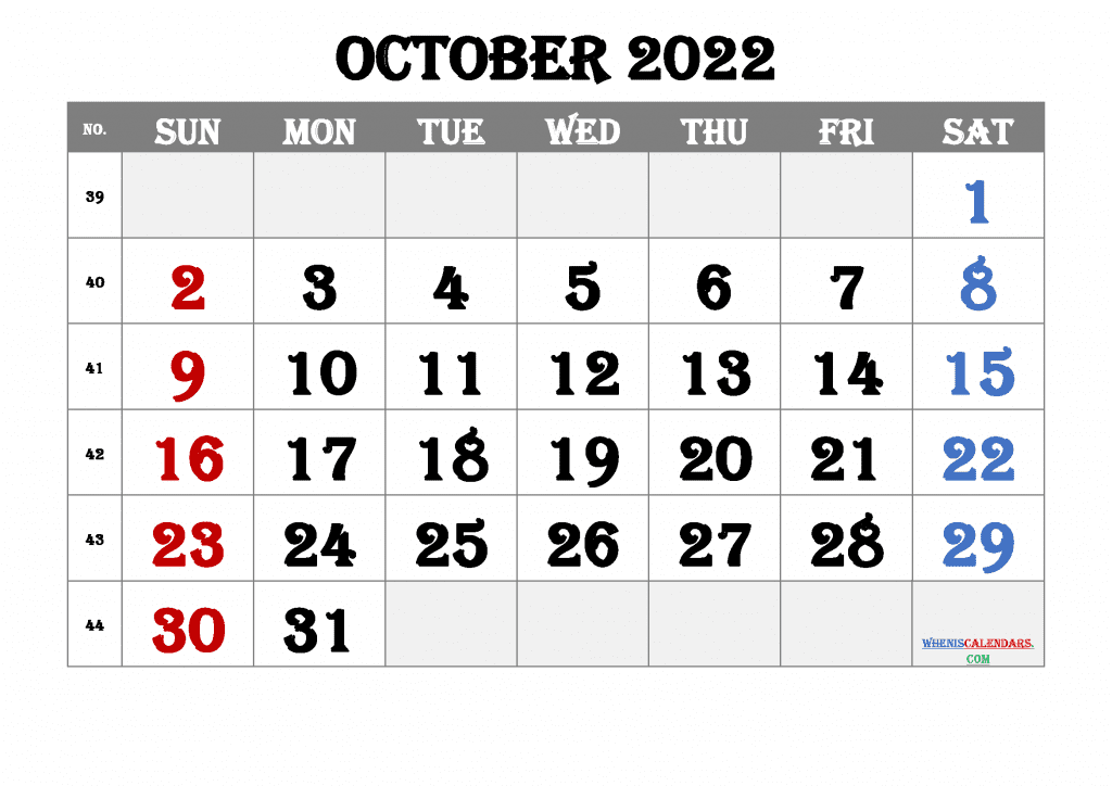Free Downloadable October 2022 Calendar Printable PDF in Landscape and Portrait Page Orientation