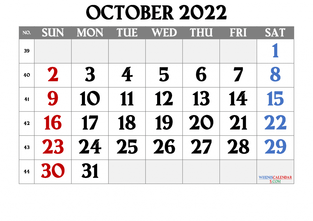 Free Downloadable Printable October 2022 Calendar PDF in Landscape and Portrait Page Orientation