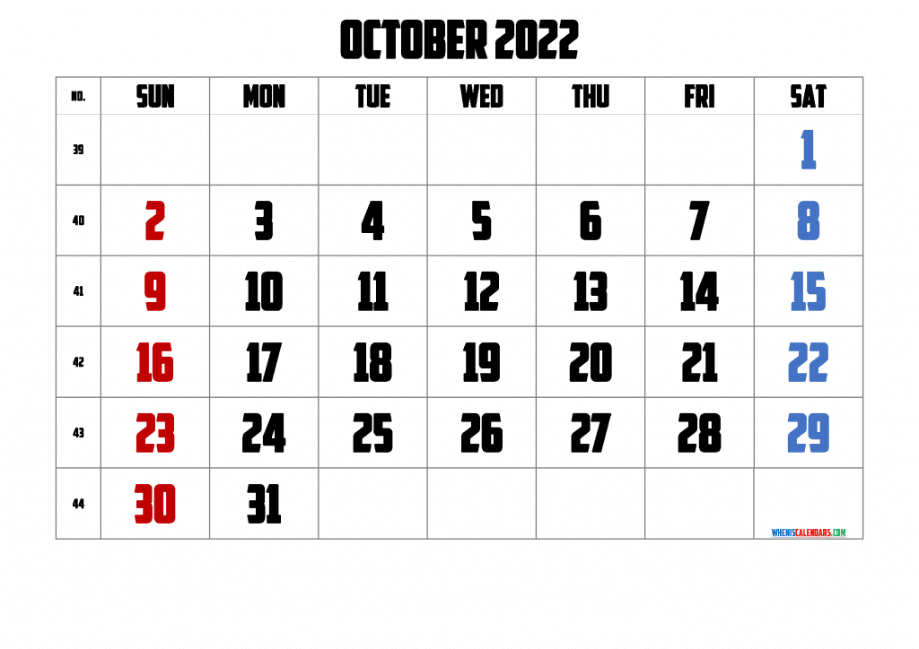 Download Free Printable Calendar October 2022 PDF in Landscape and Portrait Page Orientation