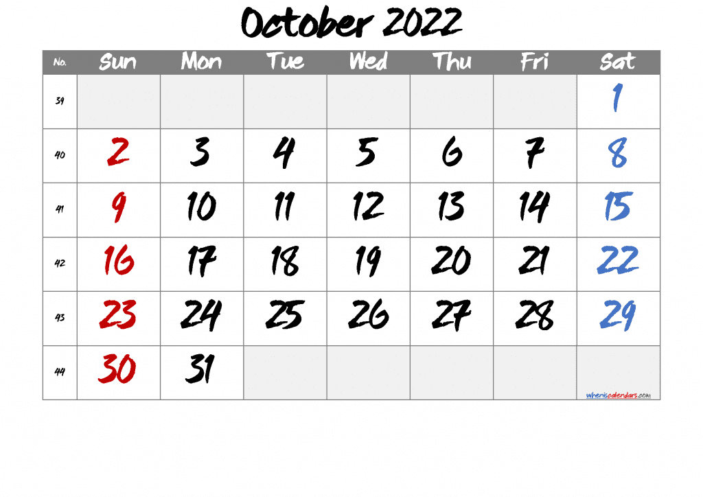 Download Free Printable Calendar October 2022 PDF in Landscape and Portrait Page Orientation