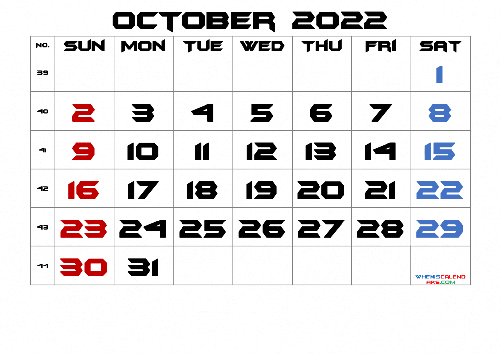 Free Blank October 2022 Calendar Printable PDF in Landscape and Portrait
