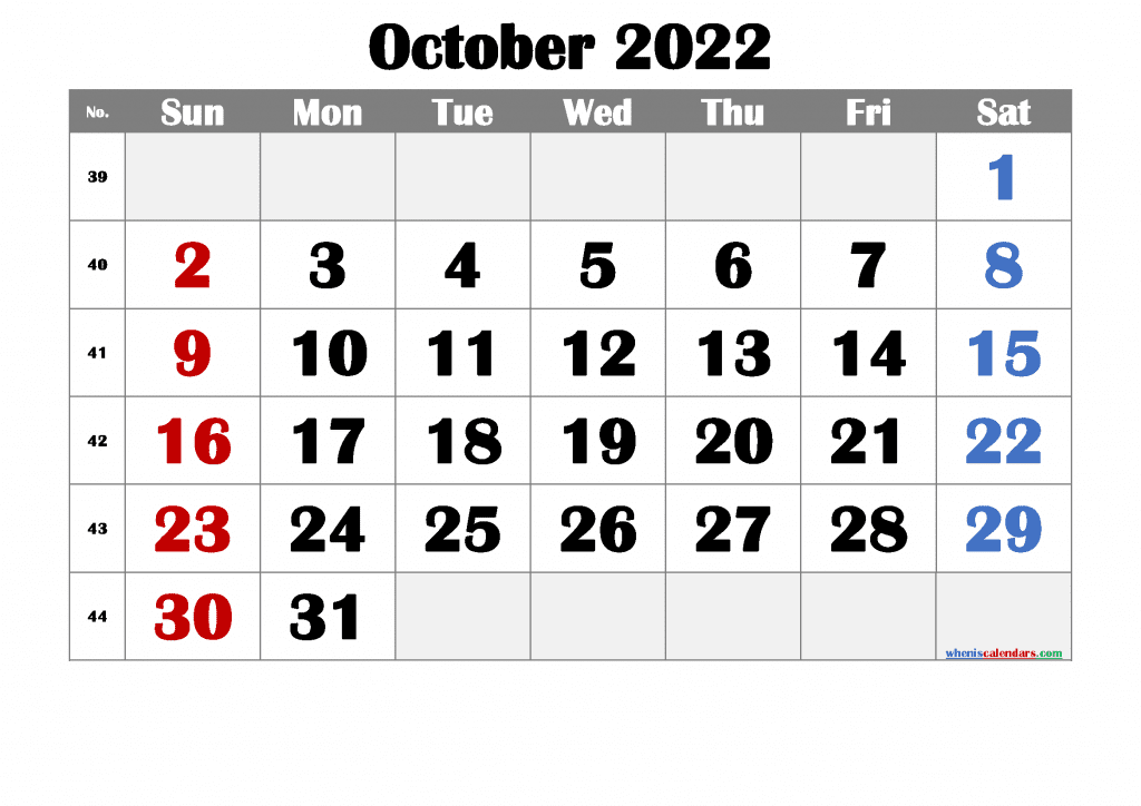 Free Blank October 2022 Calendar Printable PDF in Landscape and Portrait