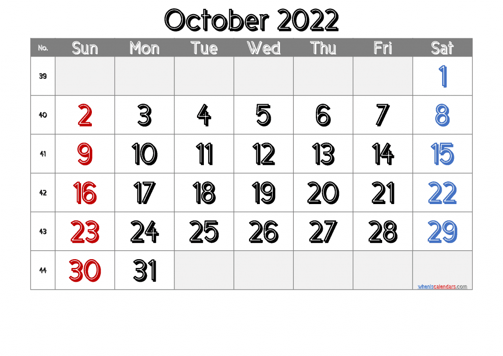 Free Downloadable October 2022 Calendar Printable PDF in Landscape and Portrait Page Orientation