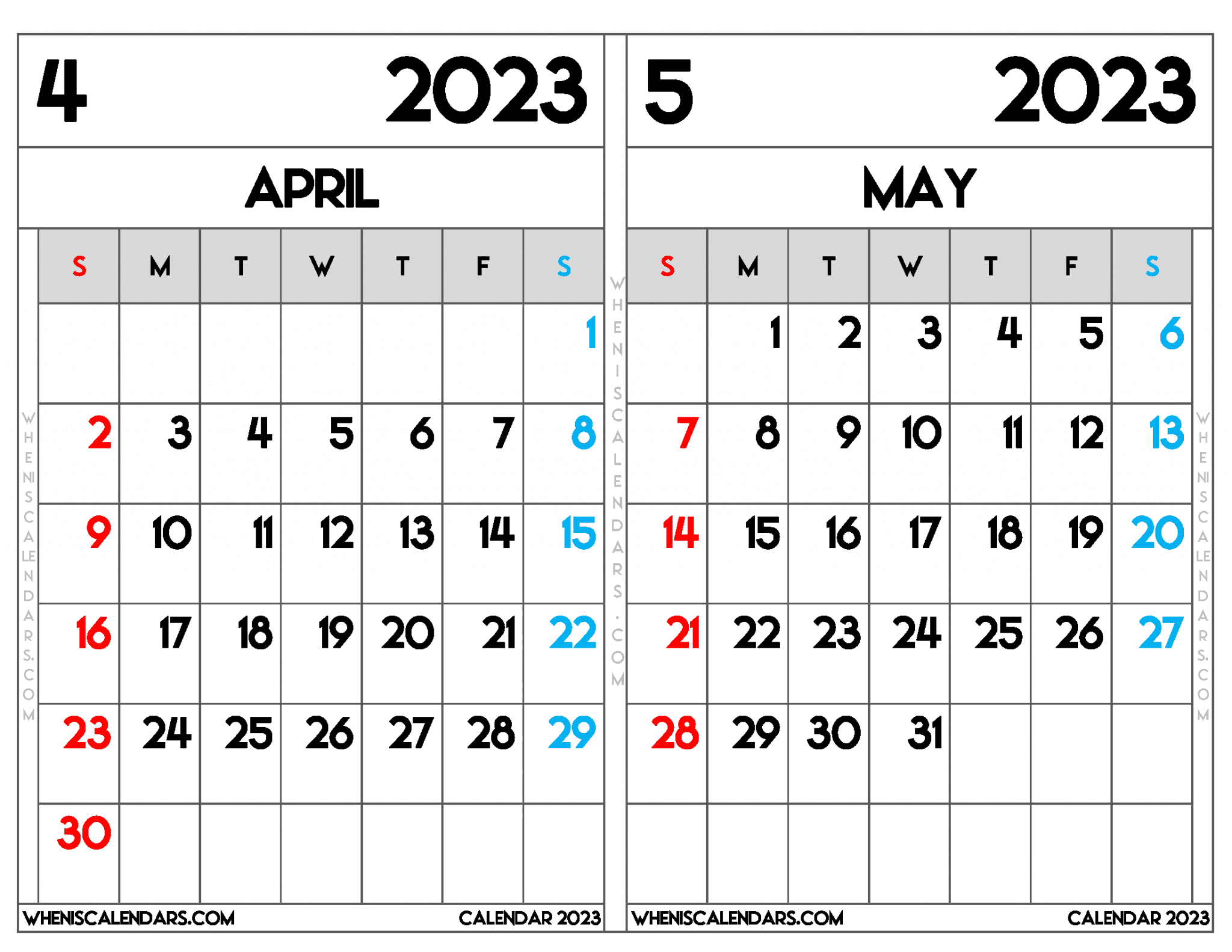 Free April May 2023 Calendar Printable PDF In Landscape And Portrait