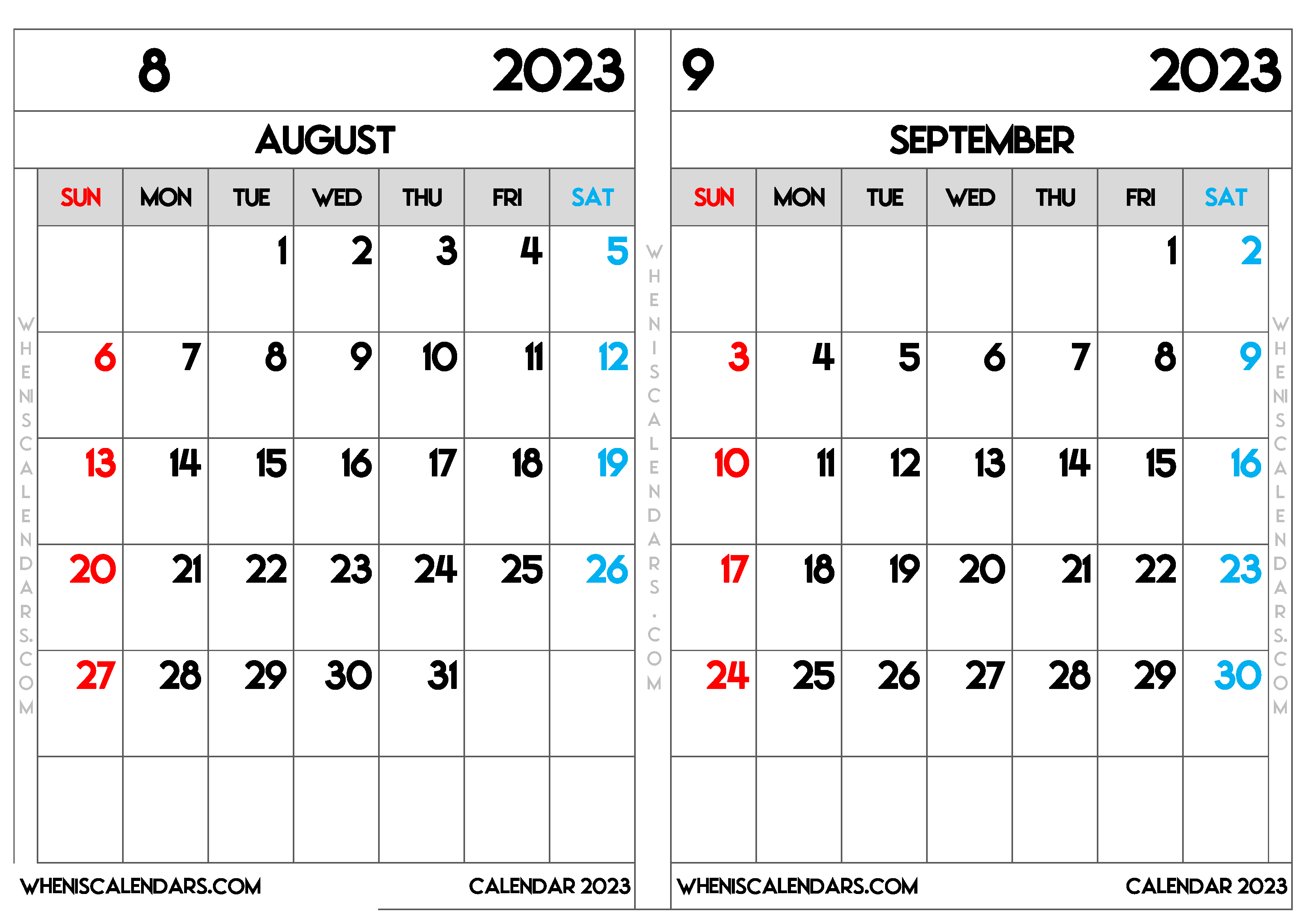 Download Free August September 2023 Calendar Printable Two Month Per Page  as PDF and PNG Image