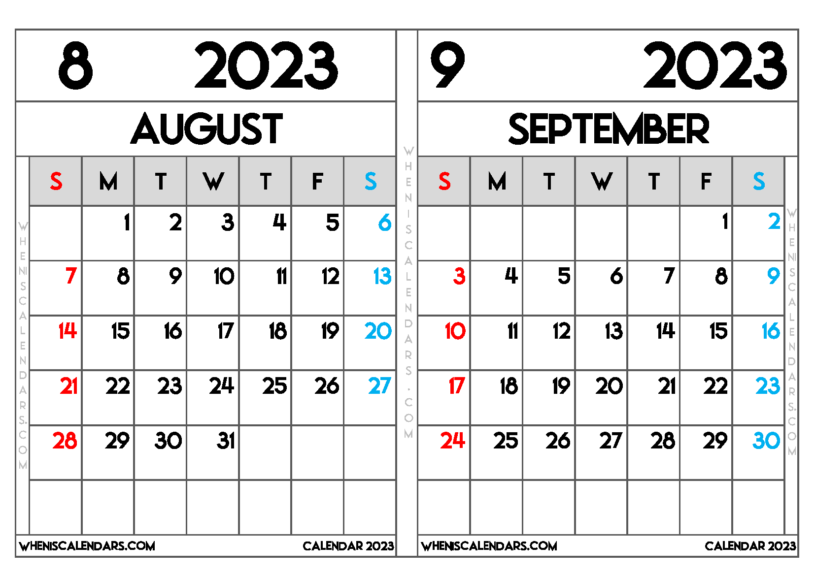 Download Free August September 2023 Calendar Printable Two Month Per Page  as PDF and PNG Image