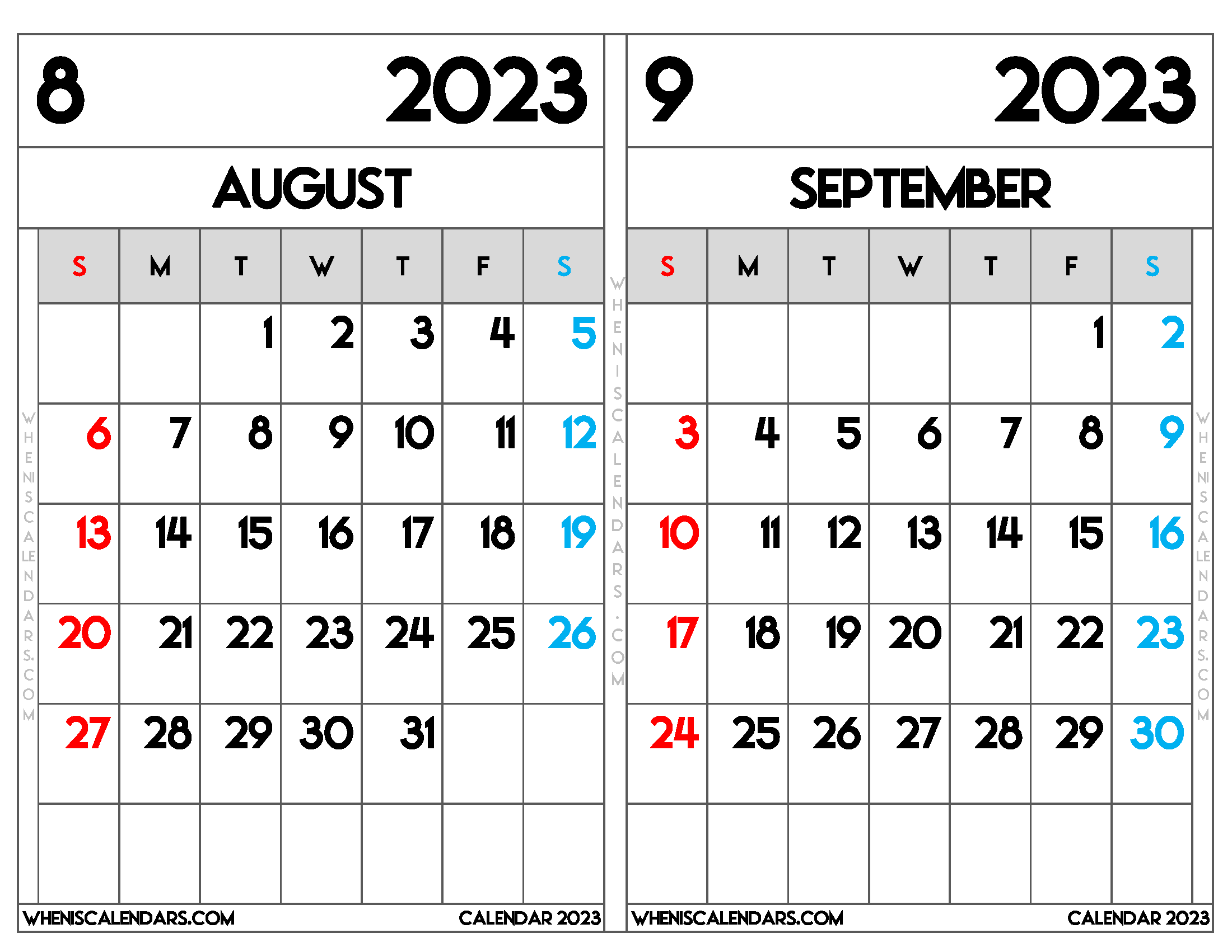 Download Printable August and September 2023 Calendar as PDF and PNG Image