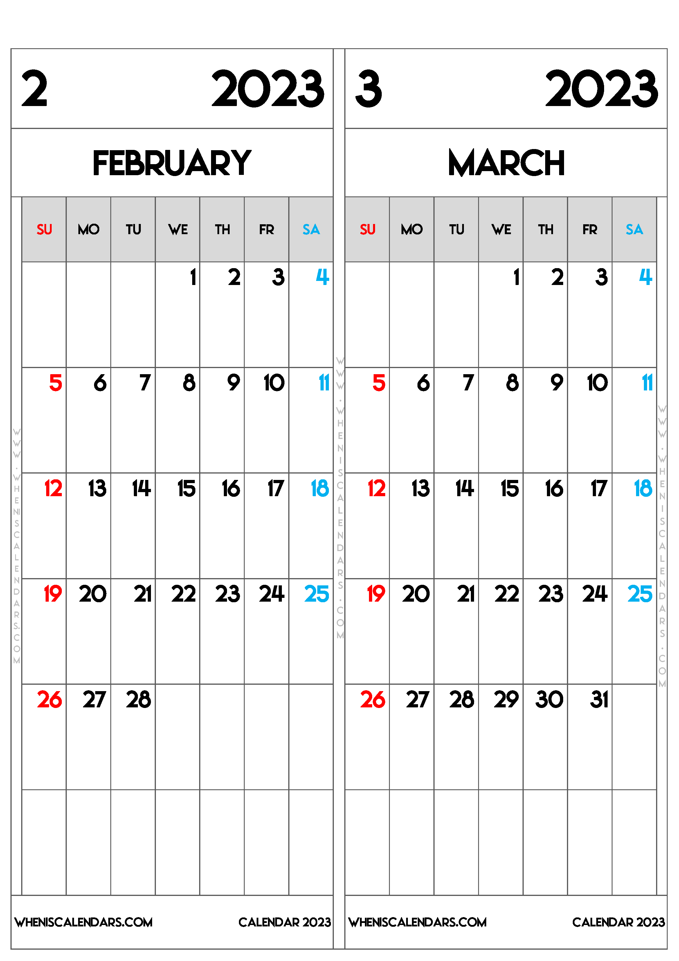 Download Free Printable February March 2023 Calendar Two Month per Page as PDF and PNG
