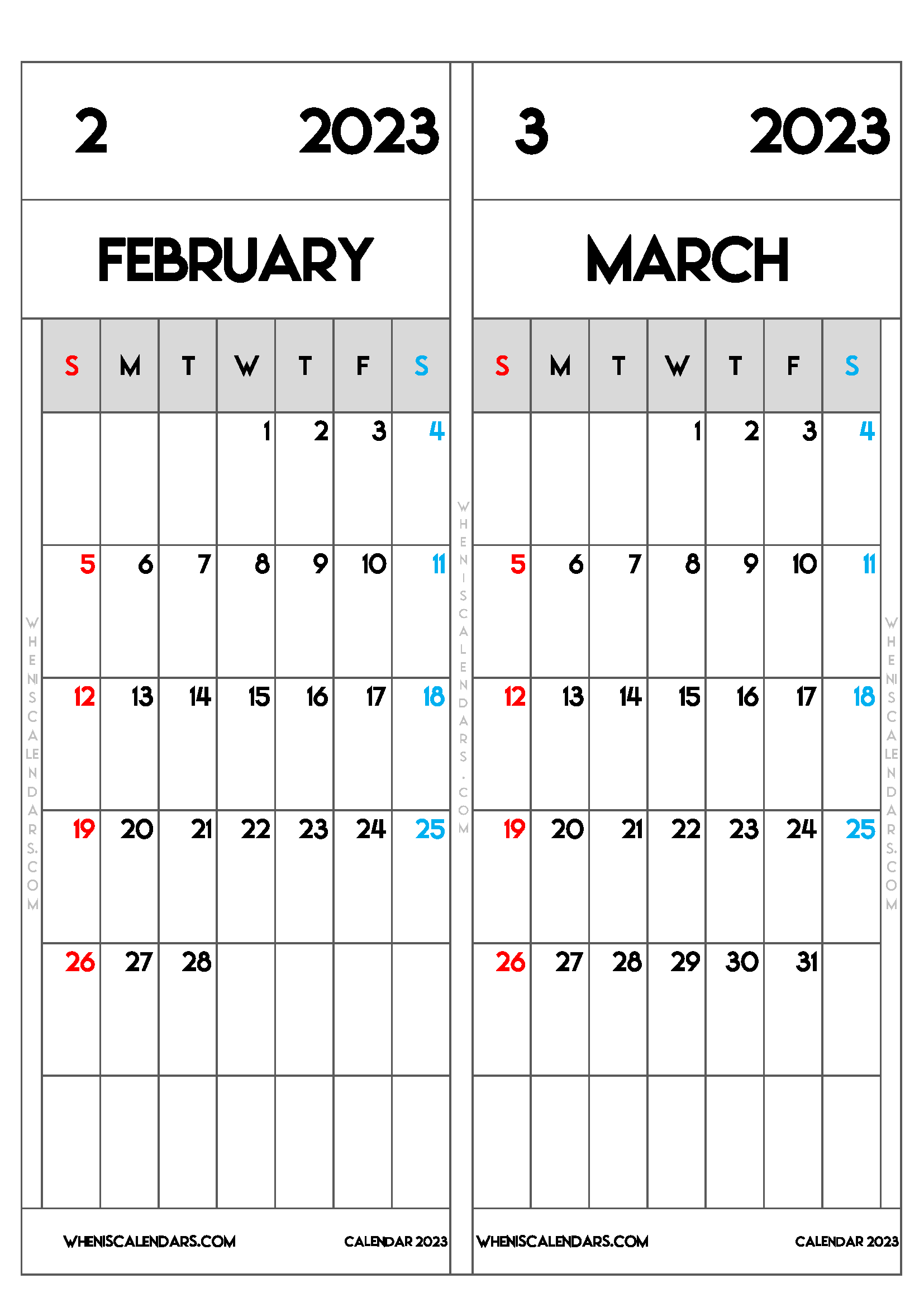 Download Free Printable February March 2023 Calendar Two Month per Page as PDF and PNG