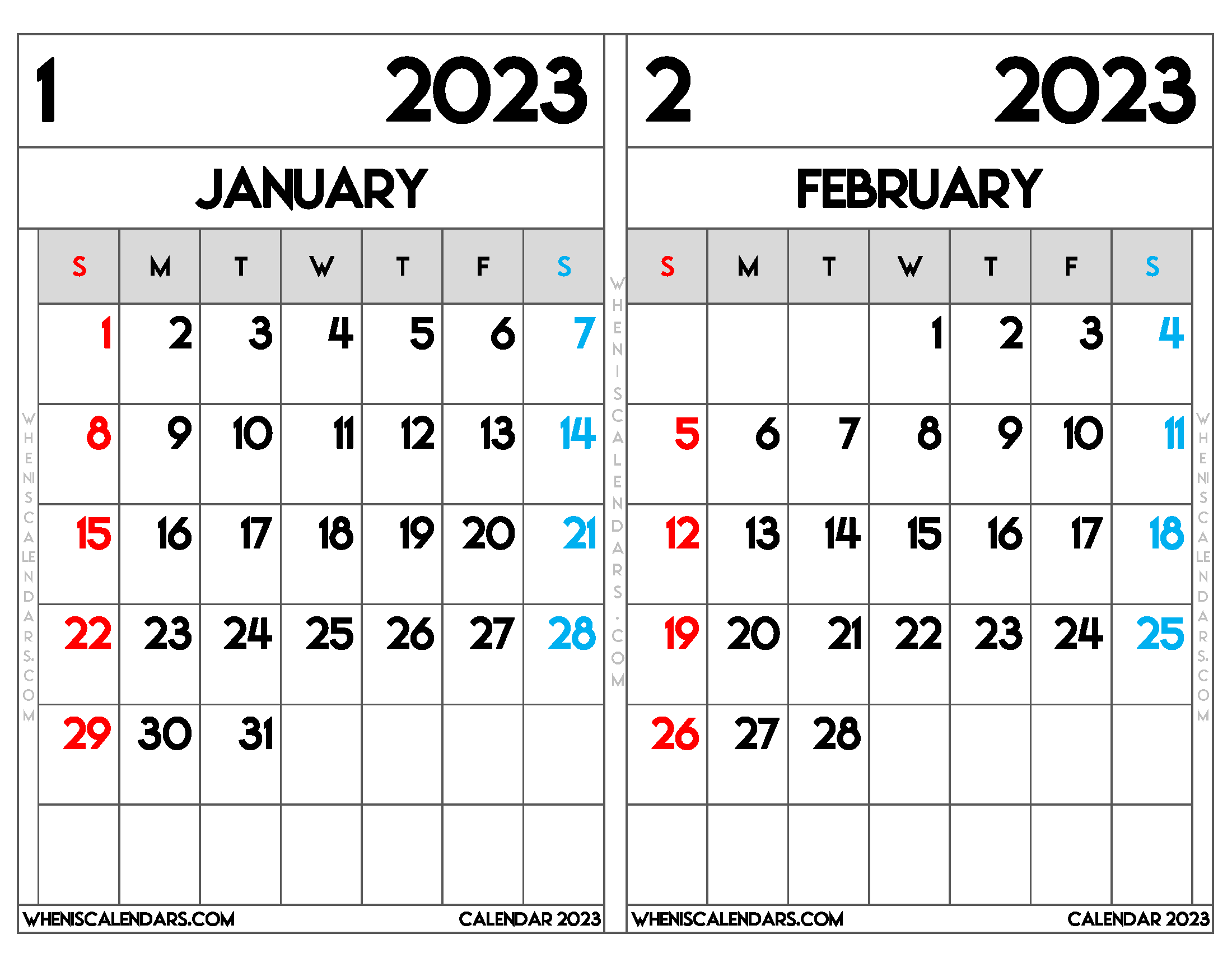 Download Free Printable January February 2023 Calendar Two Month Per Page