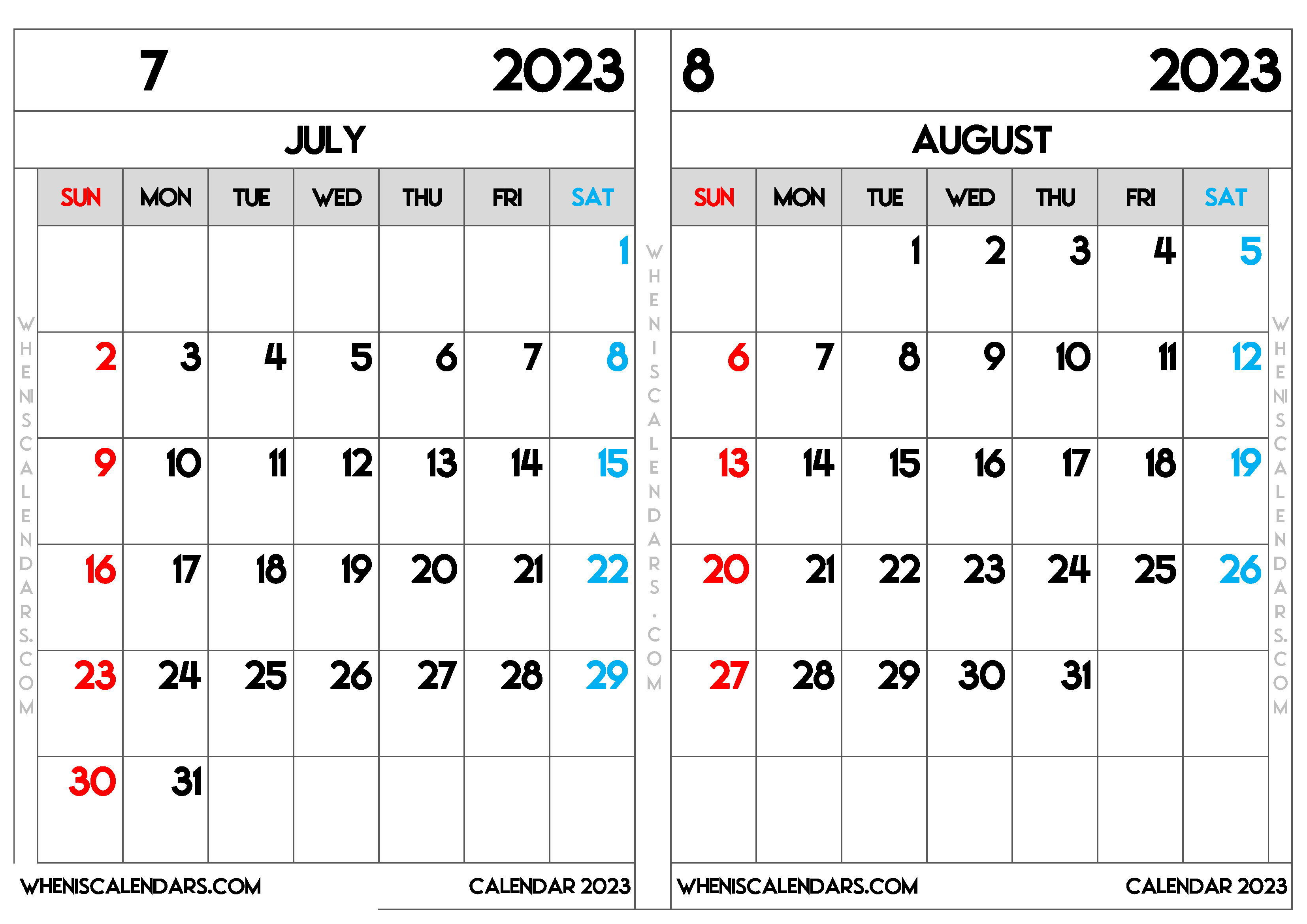 Download Printable July and August 2023 Calendar as PDF and PNG Image