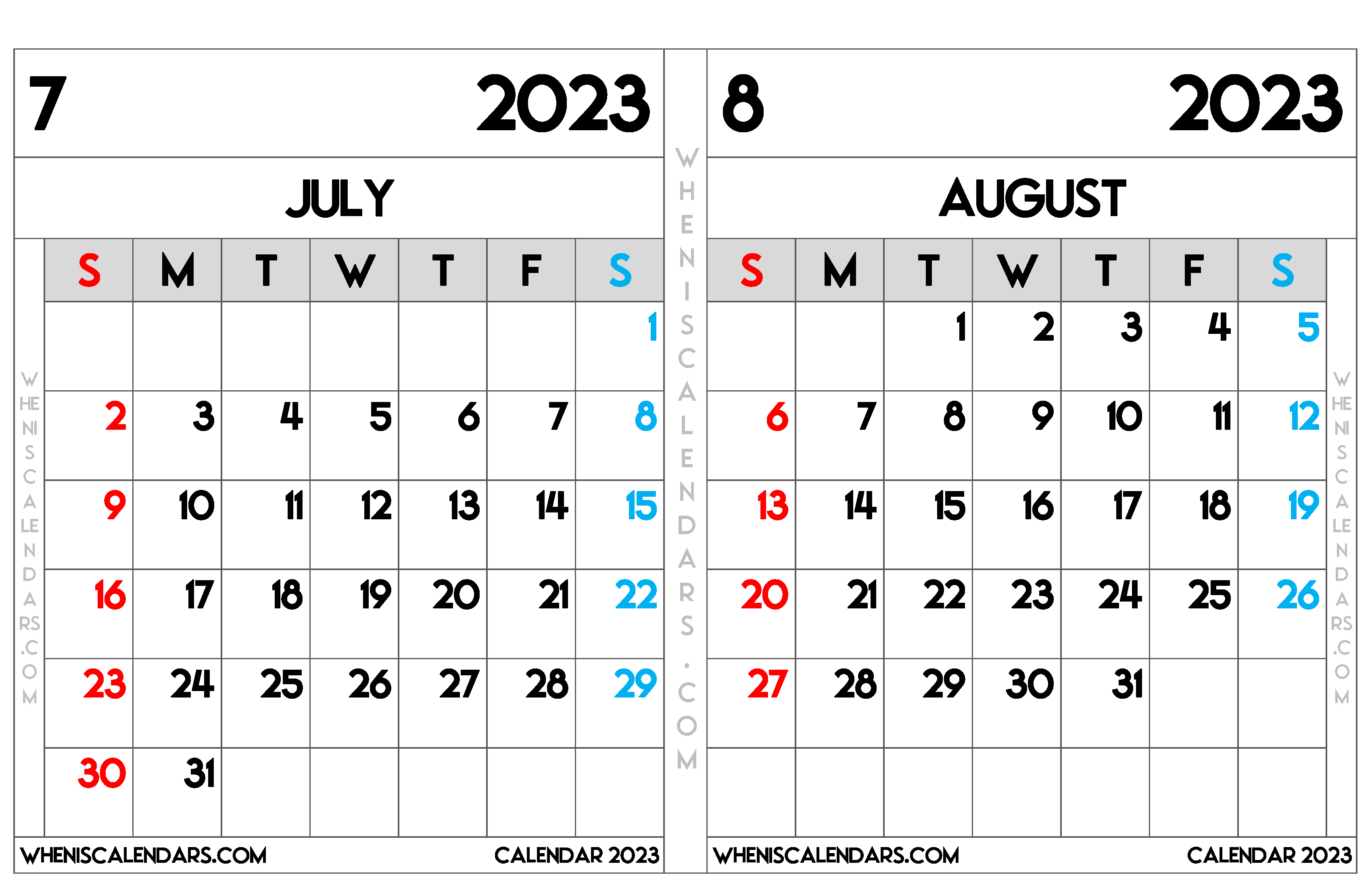 Download Free July August 2023 Calendar Printable as PDF and PNG Image