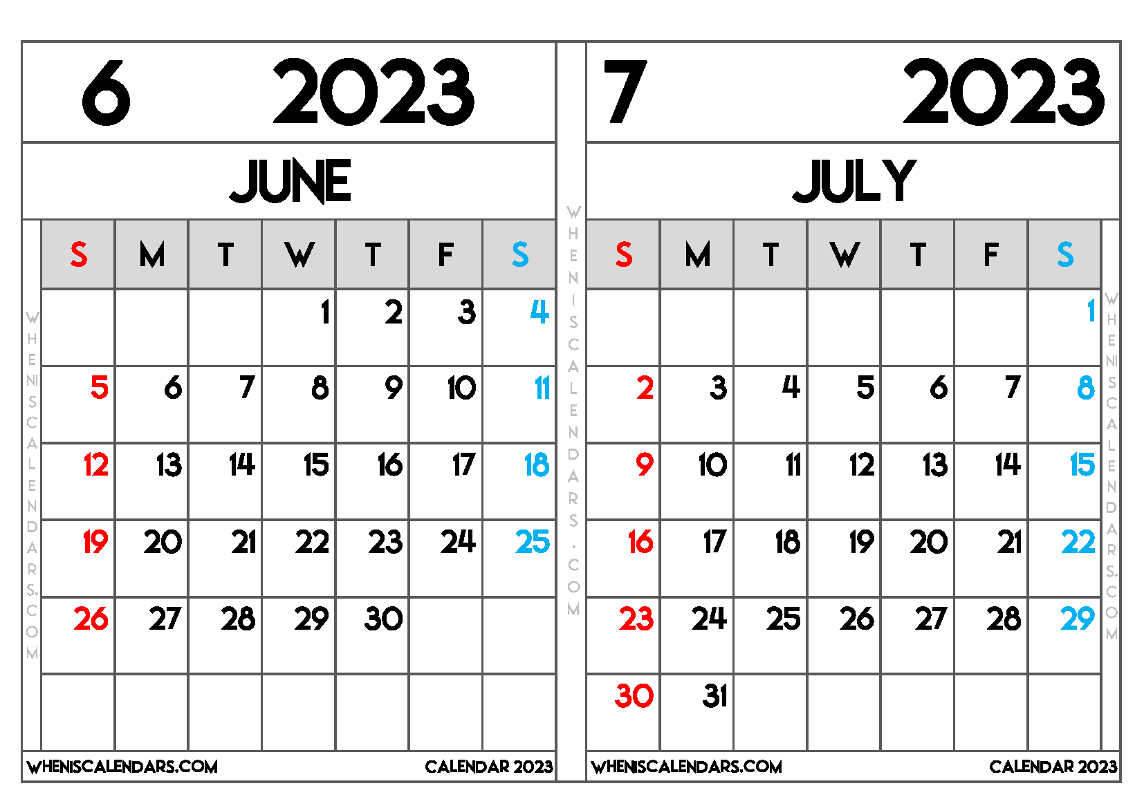 Download Free June July 2023 Printable Calendar as PDF and PNG Image