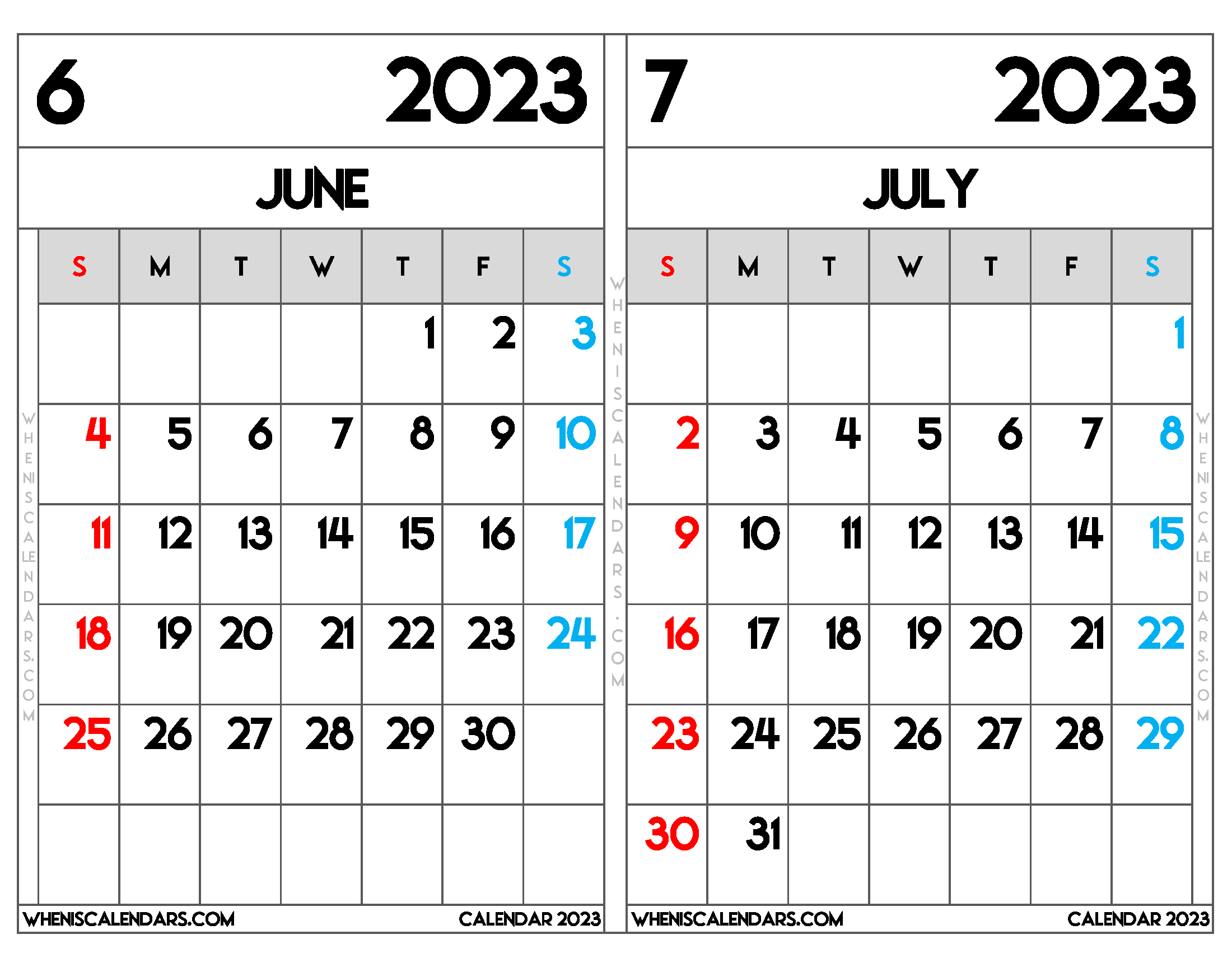 Download Printable June and July 2023 Calendar as PDF and PNG Image