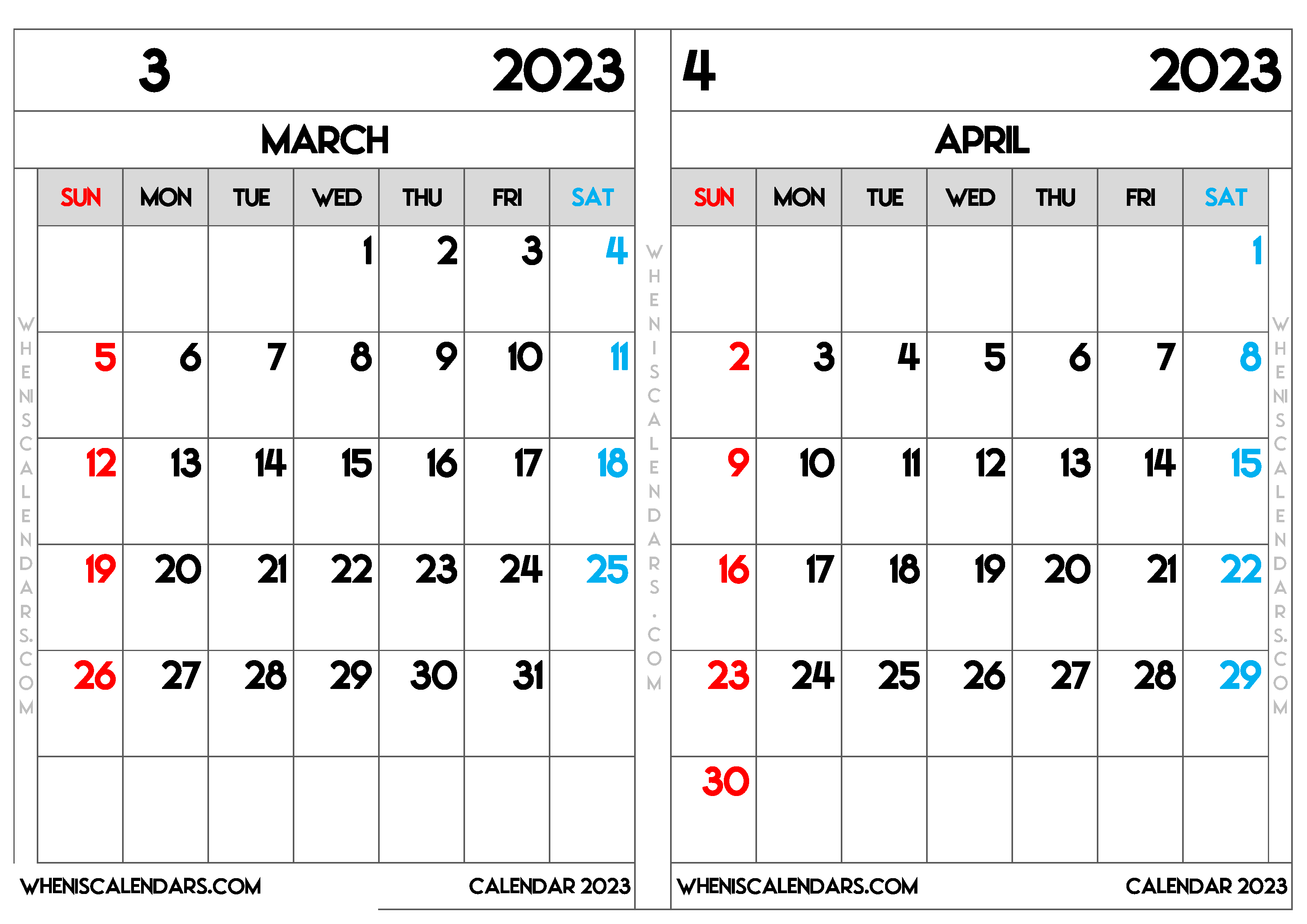 Download Free March April 2023 Printable Calendar Two Month per Page as PDF and PNG