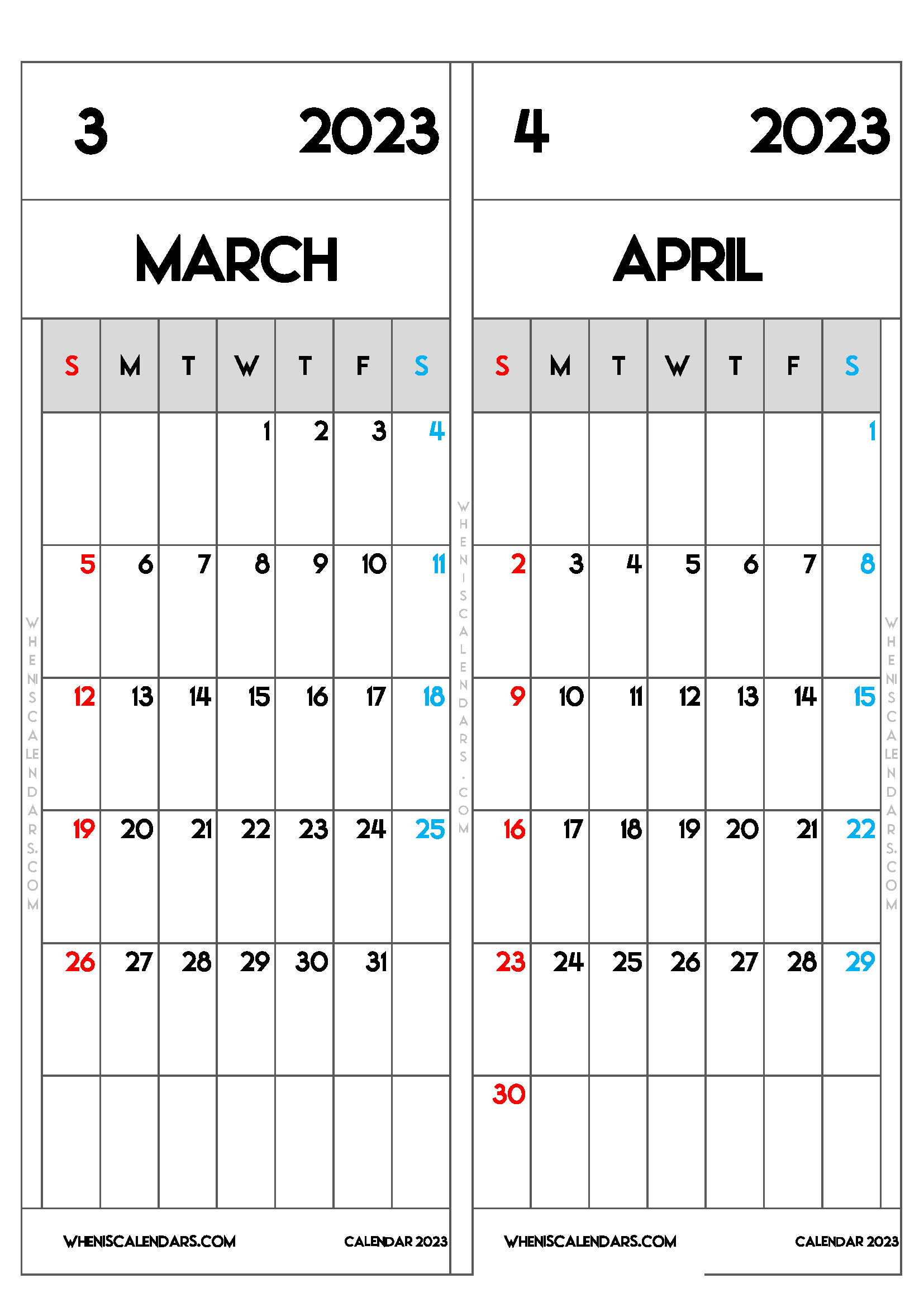 Download Free March April 2023 Printable Calendar Two Month per Page as PDF and PNG