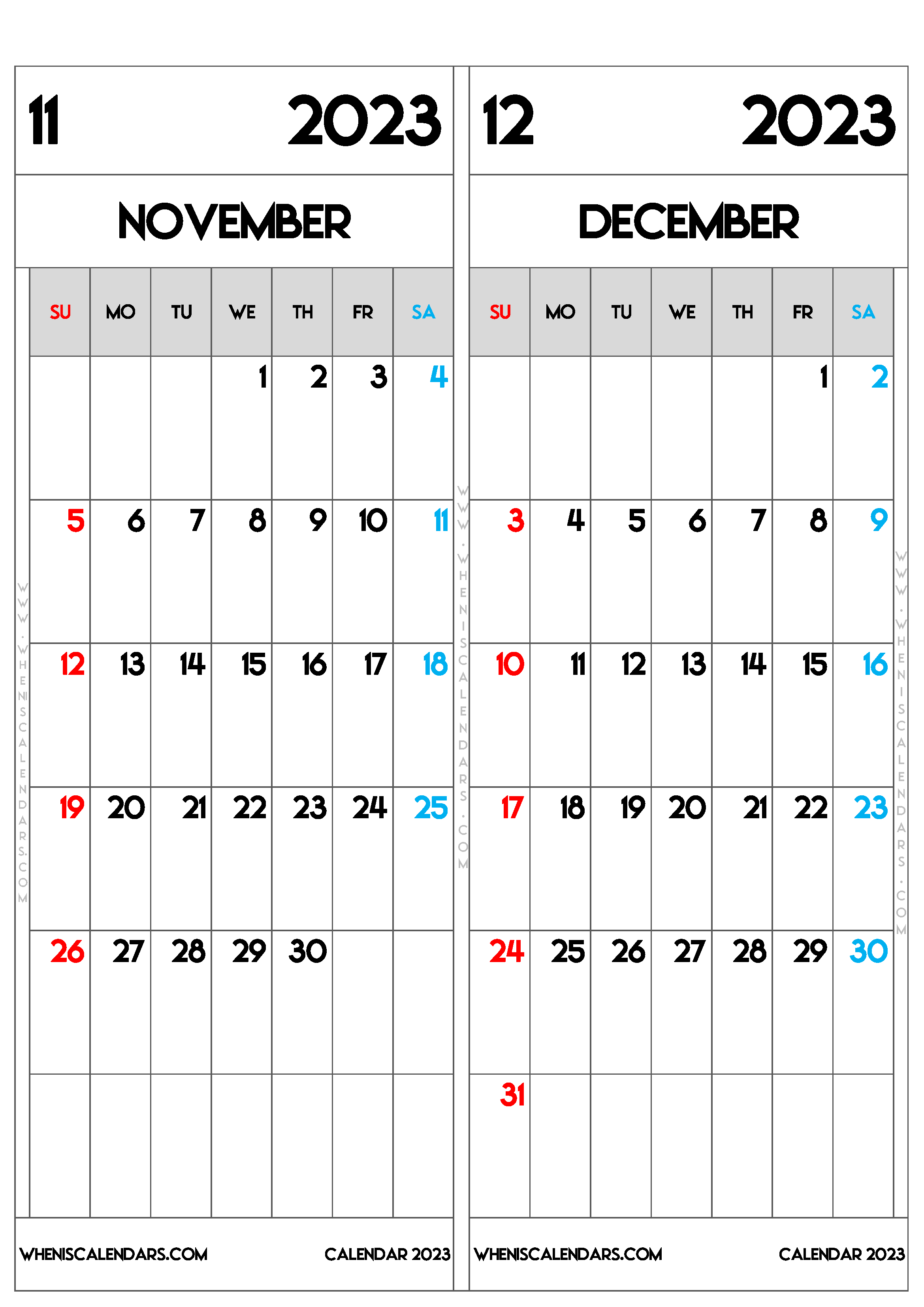 Download Printable November and December 2023 Calendar as PDF and PNG Image