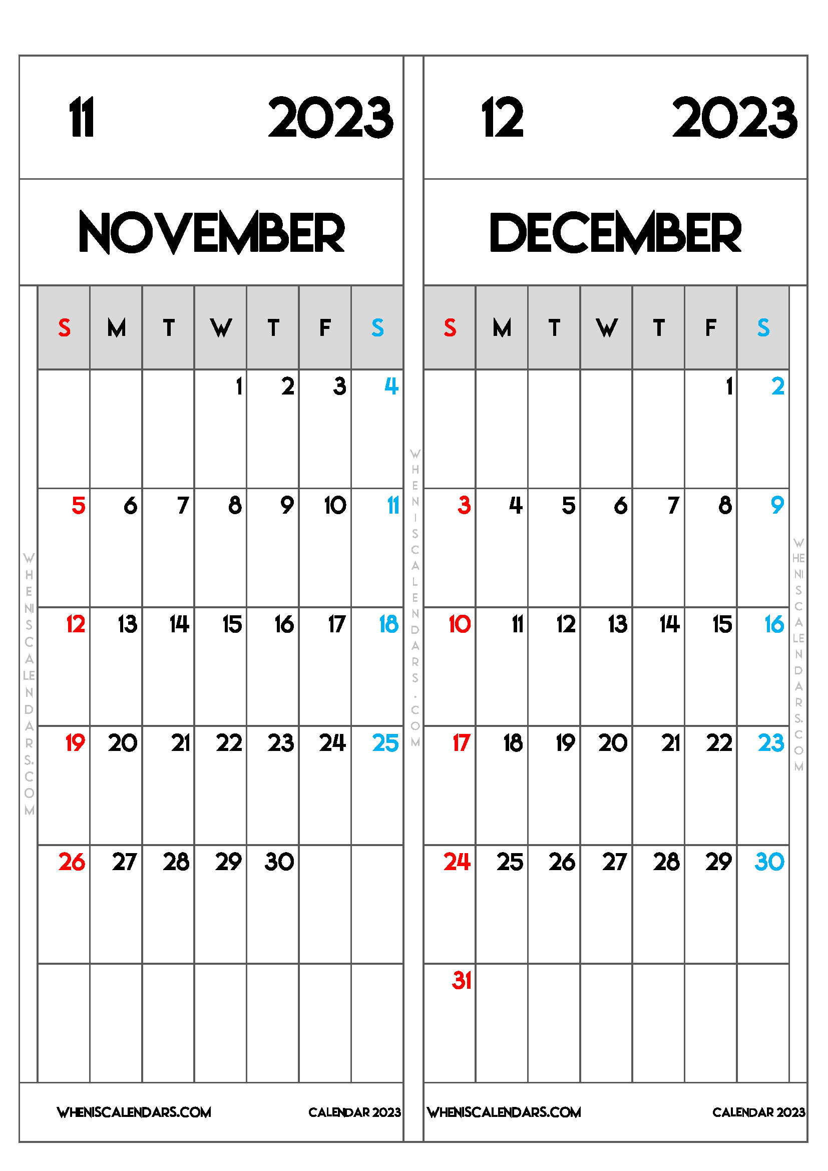 Download Printable November and December 2023 Calendar as PDF and PNG Image