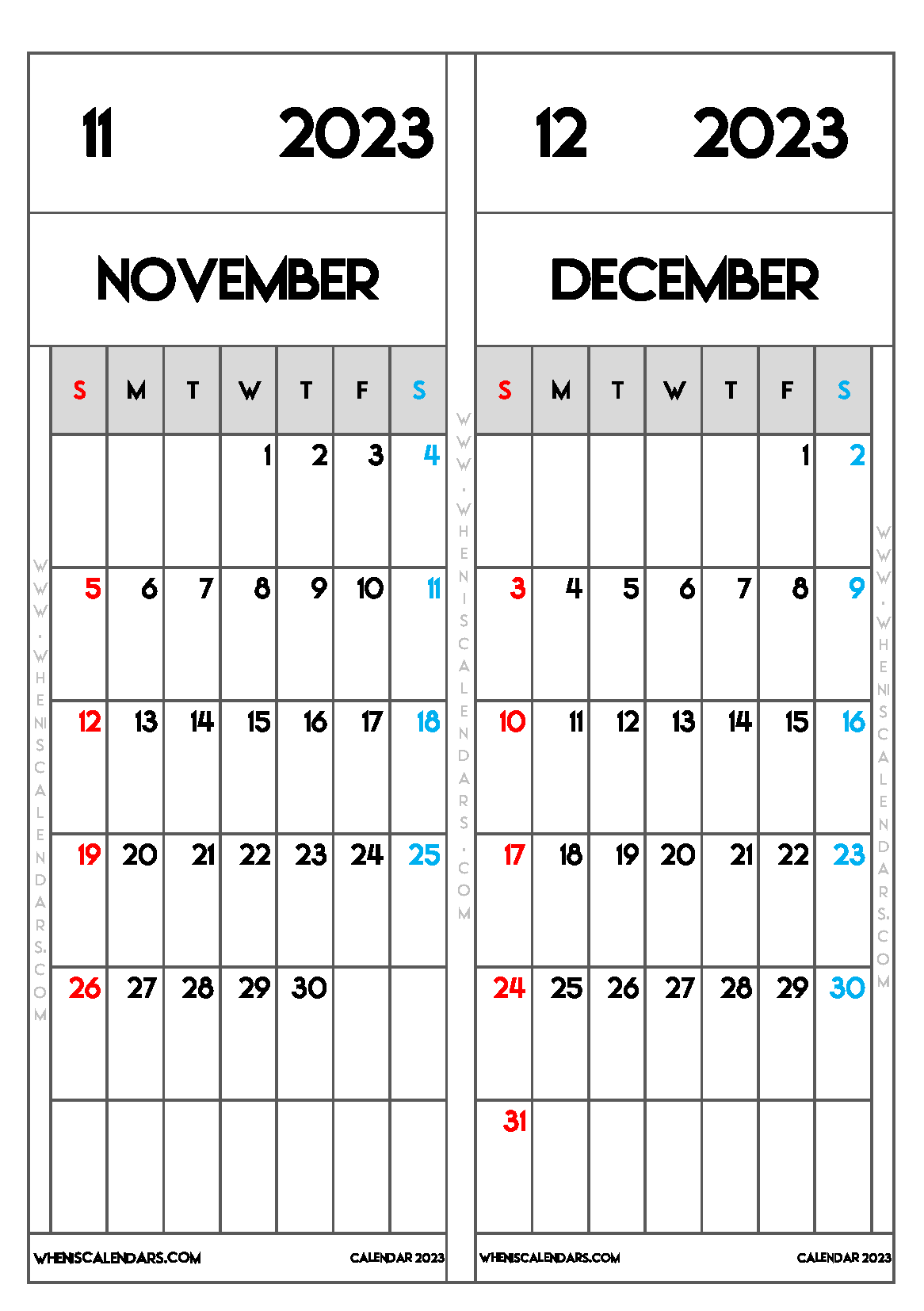 Download Free Printable November December 2023 Calendar as PDF and PNG Image