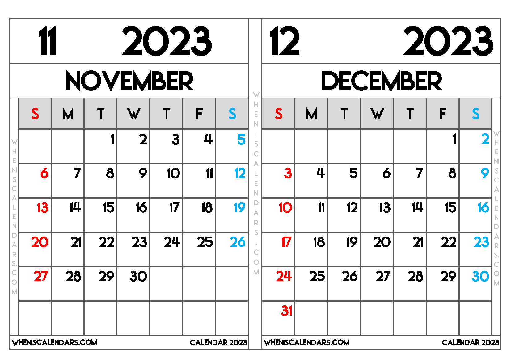 Download Free Printable November December 2023 Calendar as PDF and PNG Image