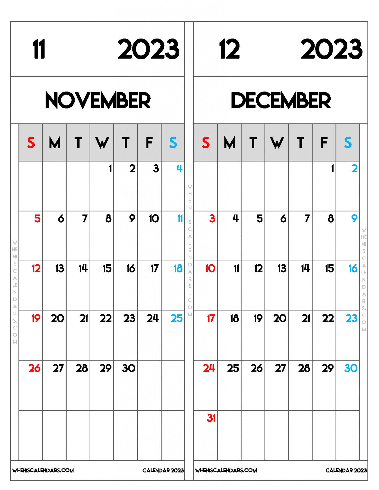 3 Month Calendar November December January 2025