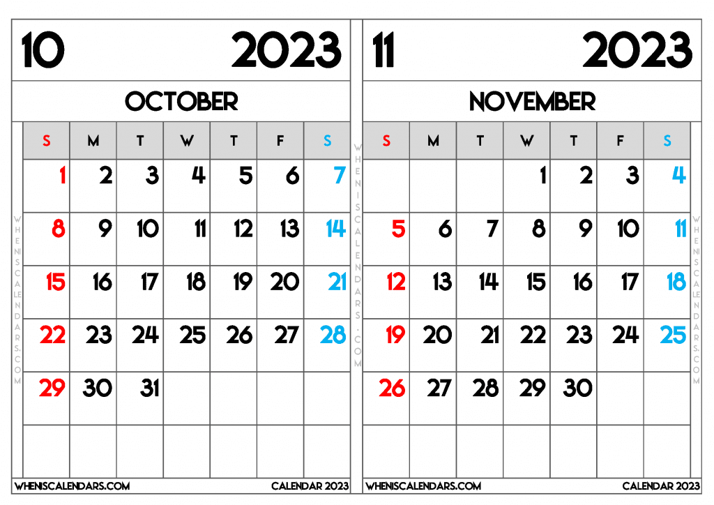 Download Free Printable October November 2023 Calendar as PDF and PNG Image