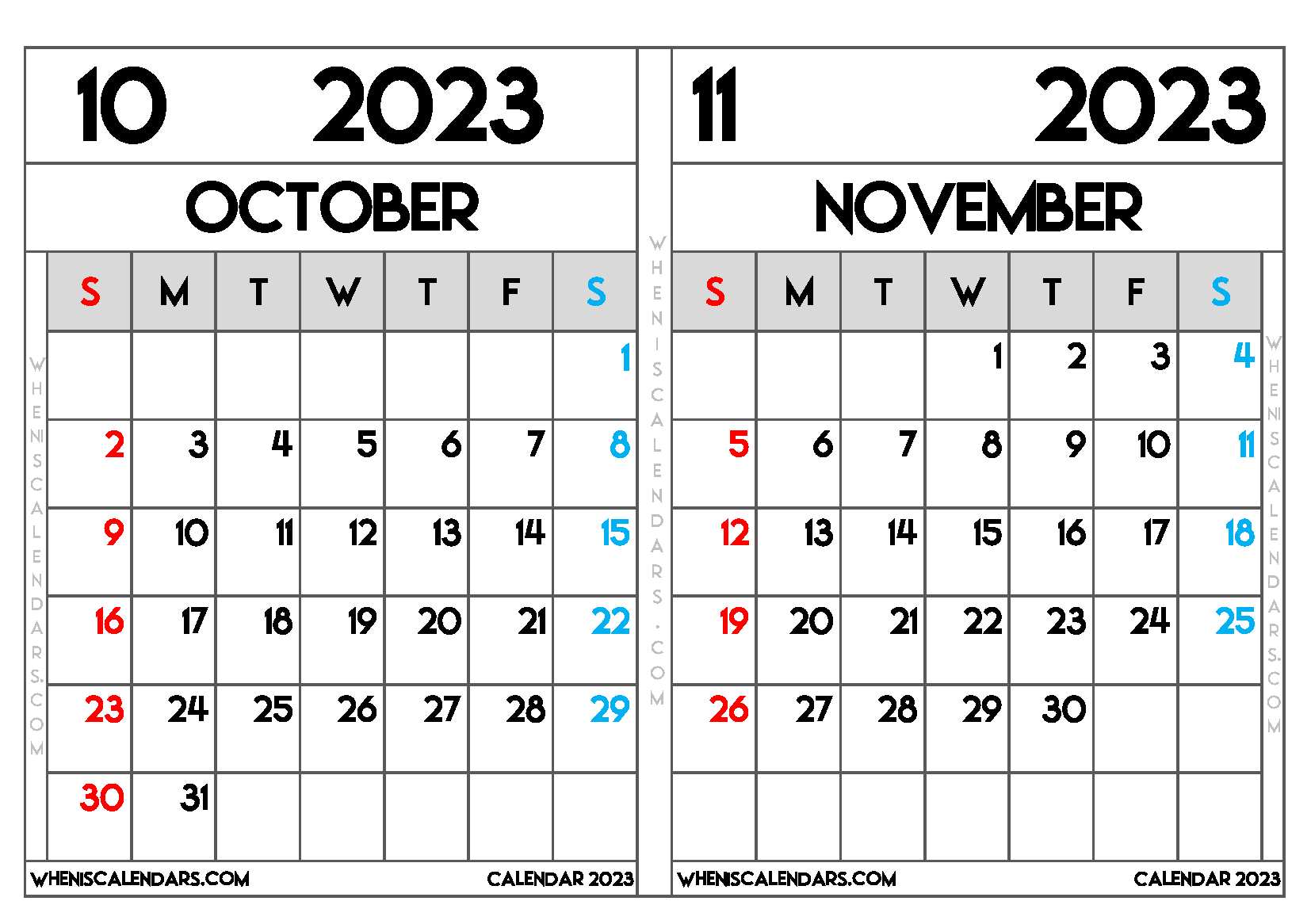 Download Free October November 2023 Calendar Printable Two Month Per Page as PDF and PNG Image