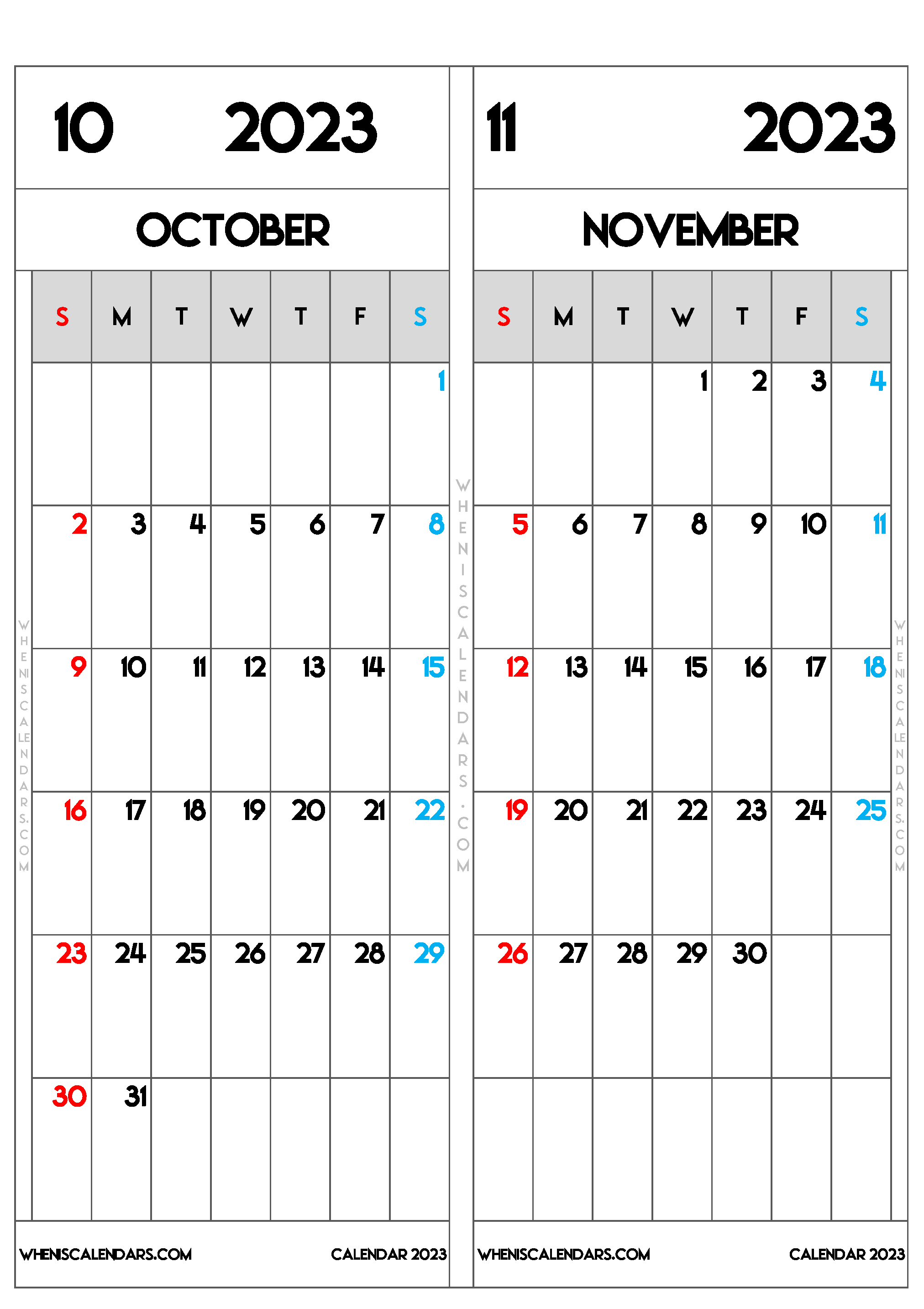 Download Free October November 2023 Calendar Printable as PDF and PNG Image