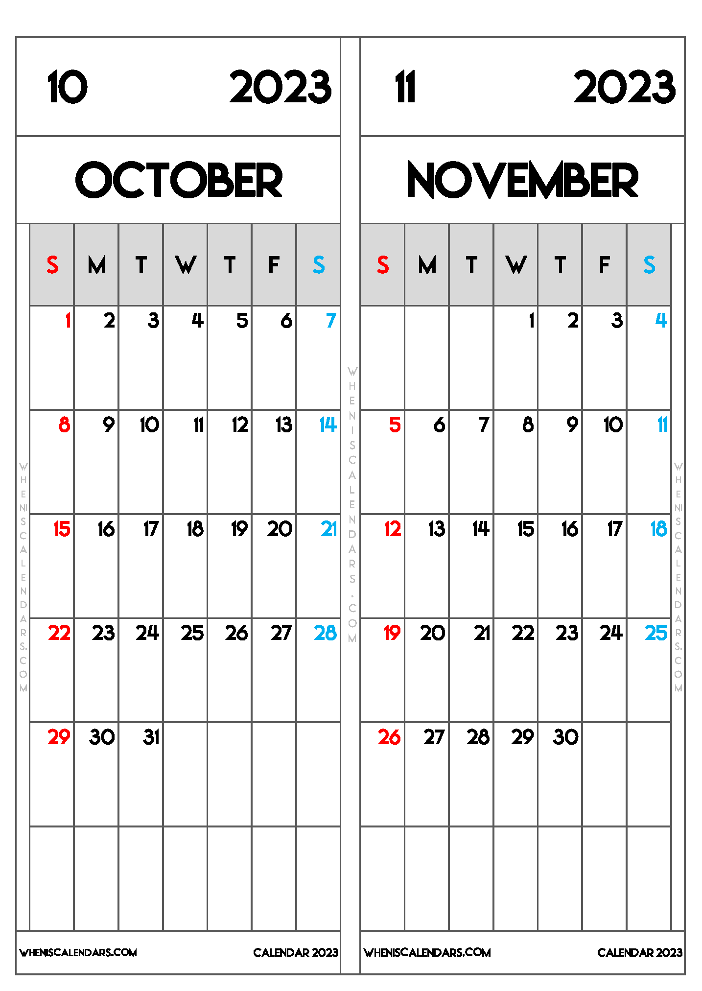 Download Free Printable October November 2023 Calendar as PDF and PNG Image