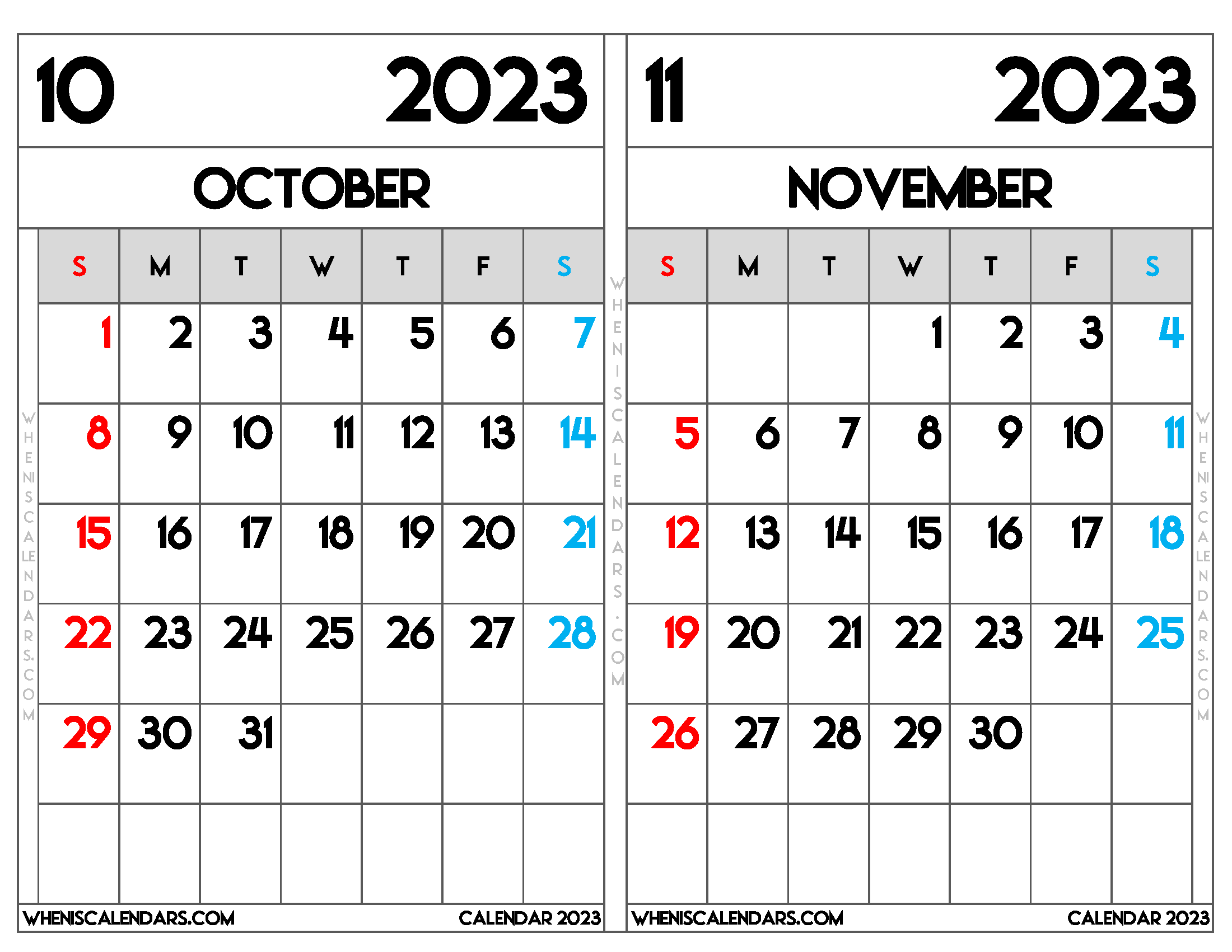 Download Printable October and November 2023 Calendar as PDF and PNG Image