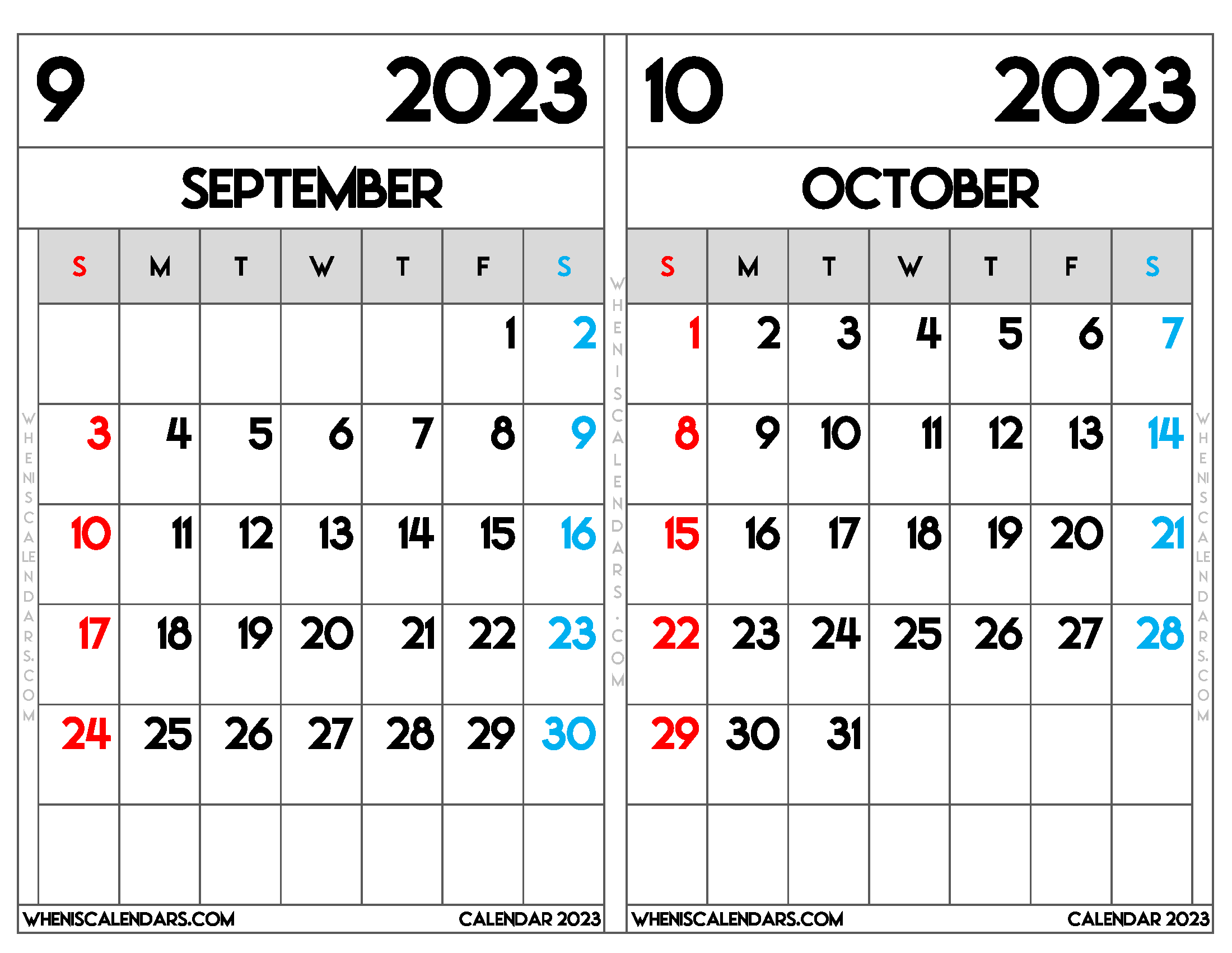 Download Printable September and October 2023 Calendar as PDF and PNG Image