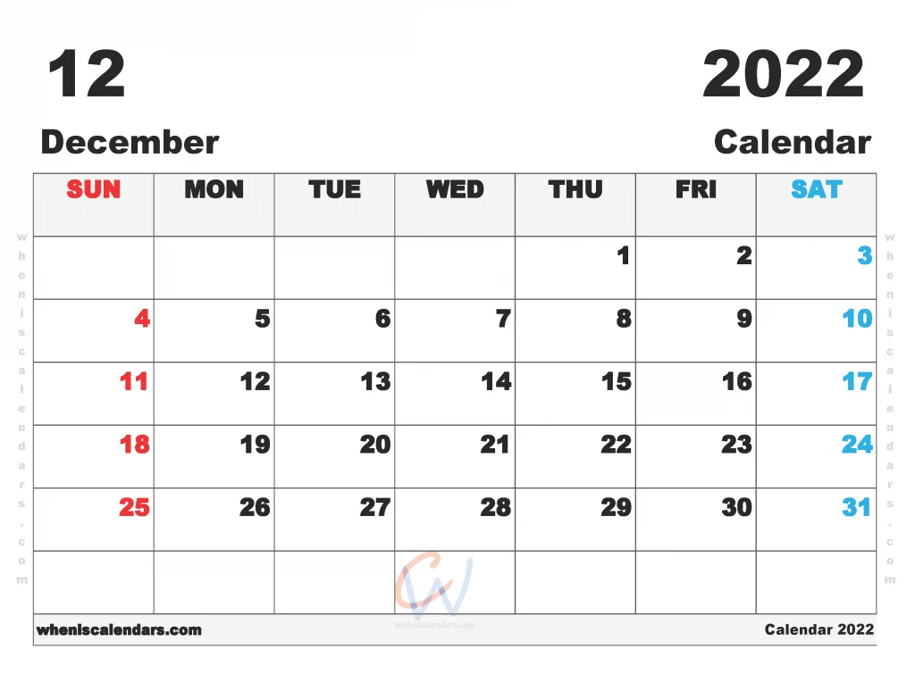 December 2022 Calendar Printable for Free Download and Print as PDF, PNG, JPG or Webp file format