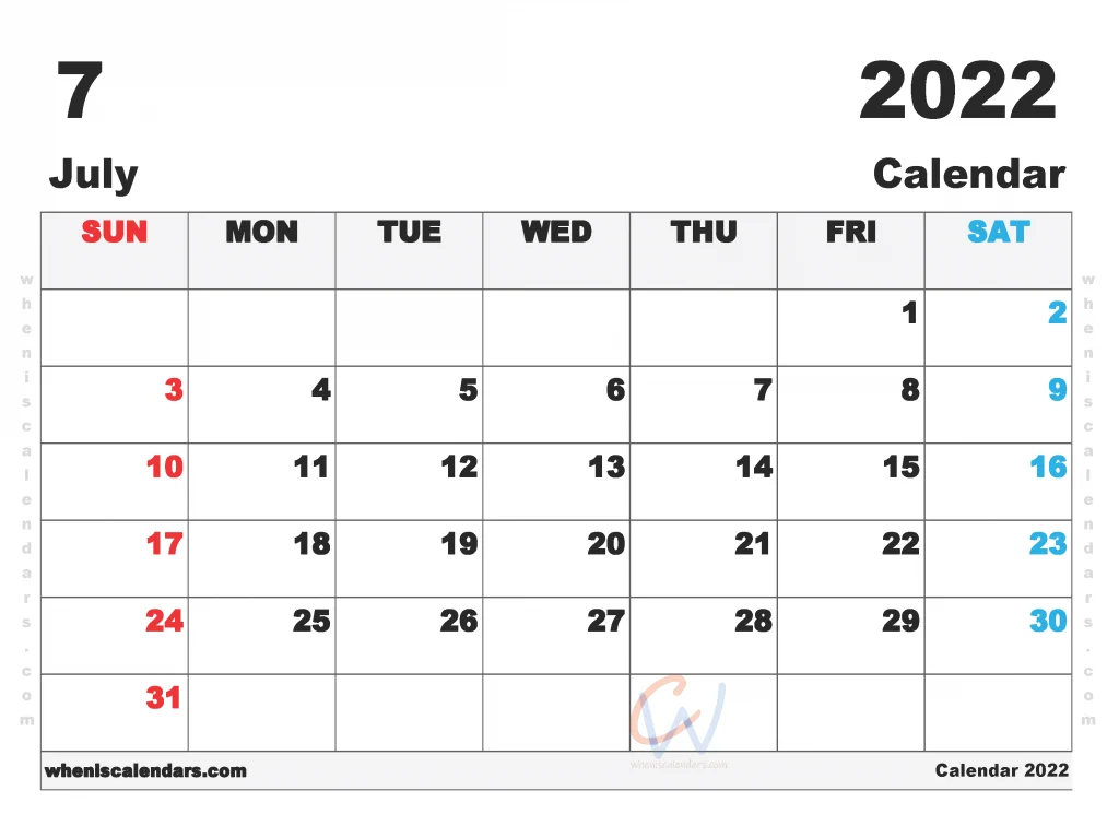 July 2022 Calendar Printable for Free Download and Print as PDF, PNG, JPG or Webp file format