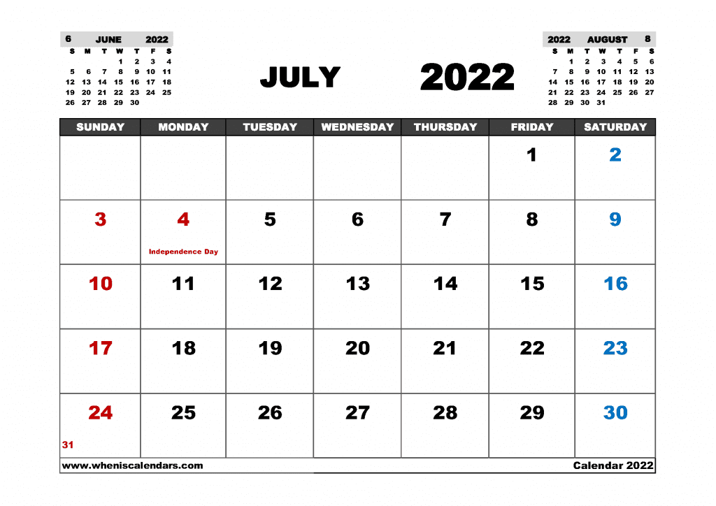Free Printable July 2022 Calendar with Holidays as PDF and PNG and JPG Image file format