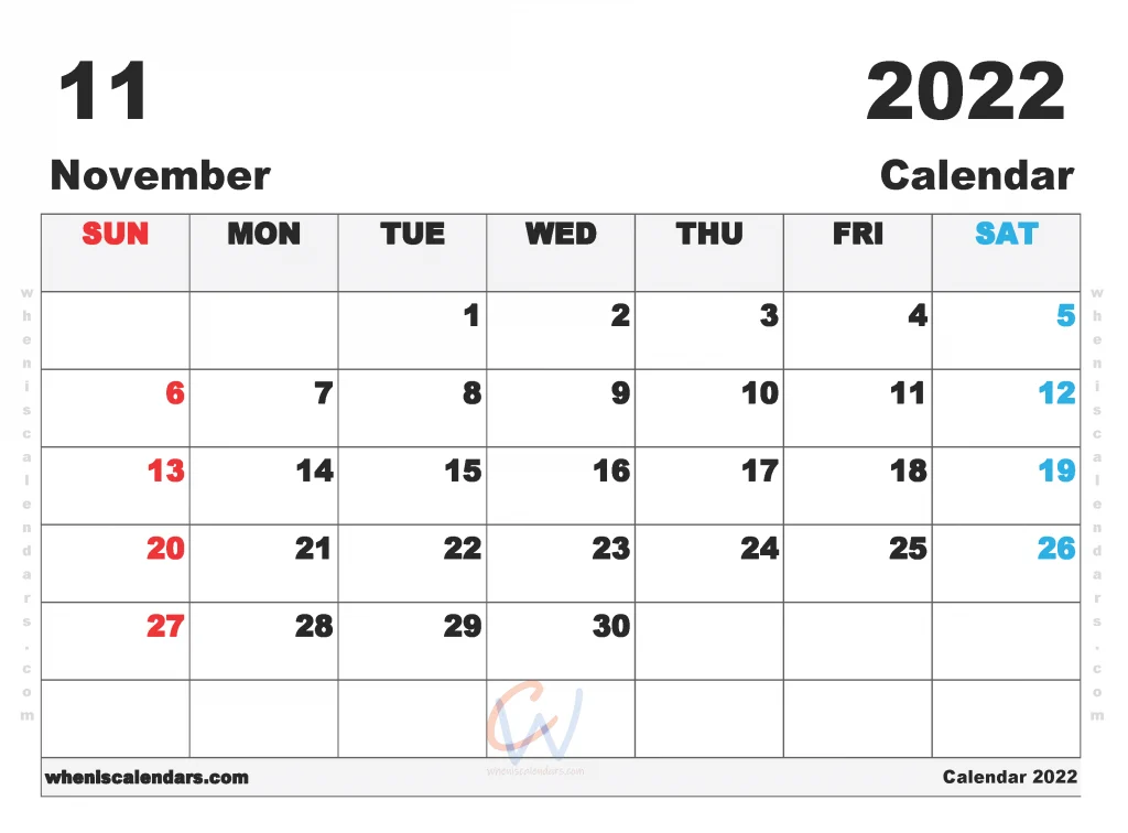 November 2022 Calendar Printable for Free Download and Print as PDF, PNG, JPG or Webp file format