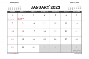 Free Printable January 2023 Calendar with Holidays One Month Per Page Landscape Orientation