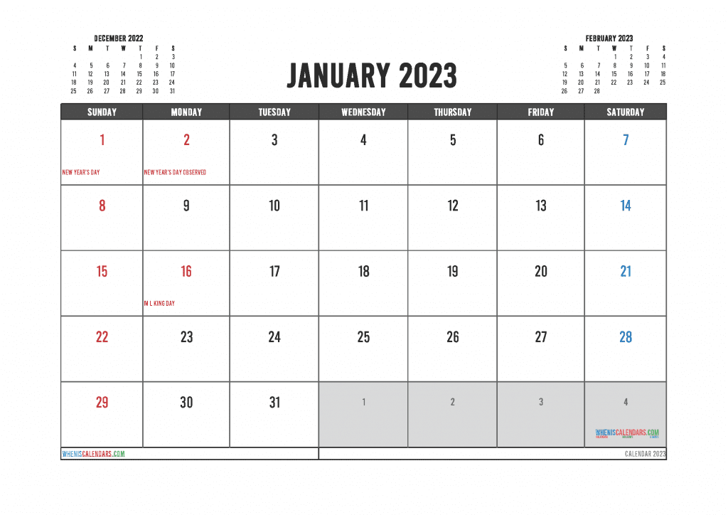 Free January 2023 Calendar Printable with Holidays as PDF and PNG are available for download