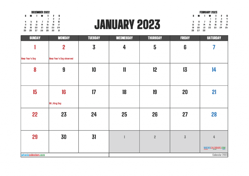 Download Free January 2023 Calendar with Holidays Printable Monthly Calendar Template (PDF and Image)