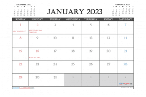 Free January 2023 Calendar with Holidays Printable PDF in Landscape and Portrait