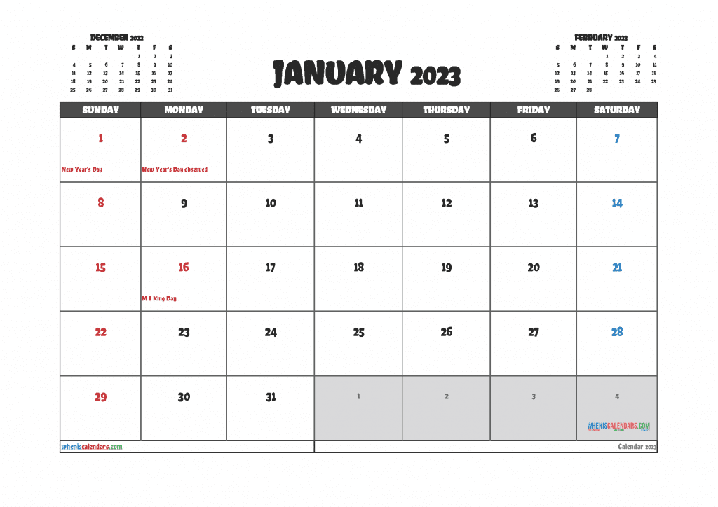 Free Printable January 2023 Calendar with Holidays One Month Per Page Landscape Orientation