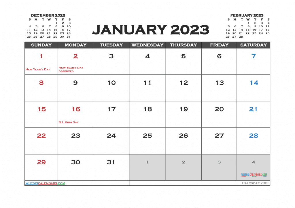 Free January 2023 Calendar Printable with Holidays as PDF, PNG