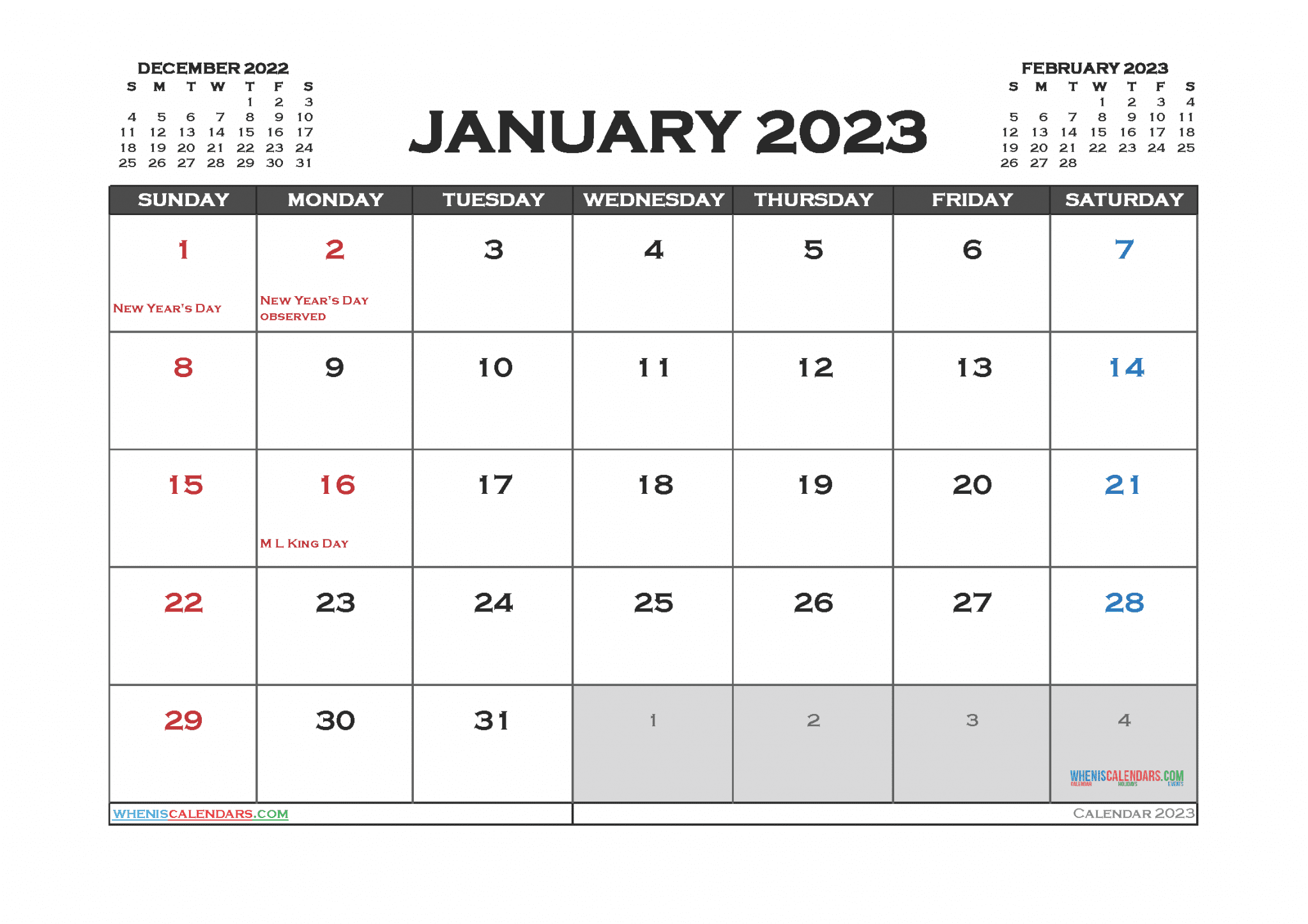 Free January 2023 Calendar With Holidays (PDF And Image)